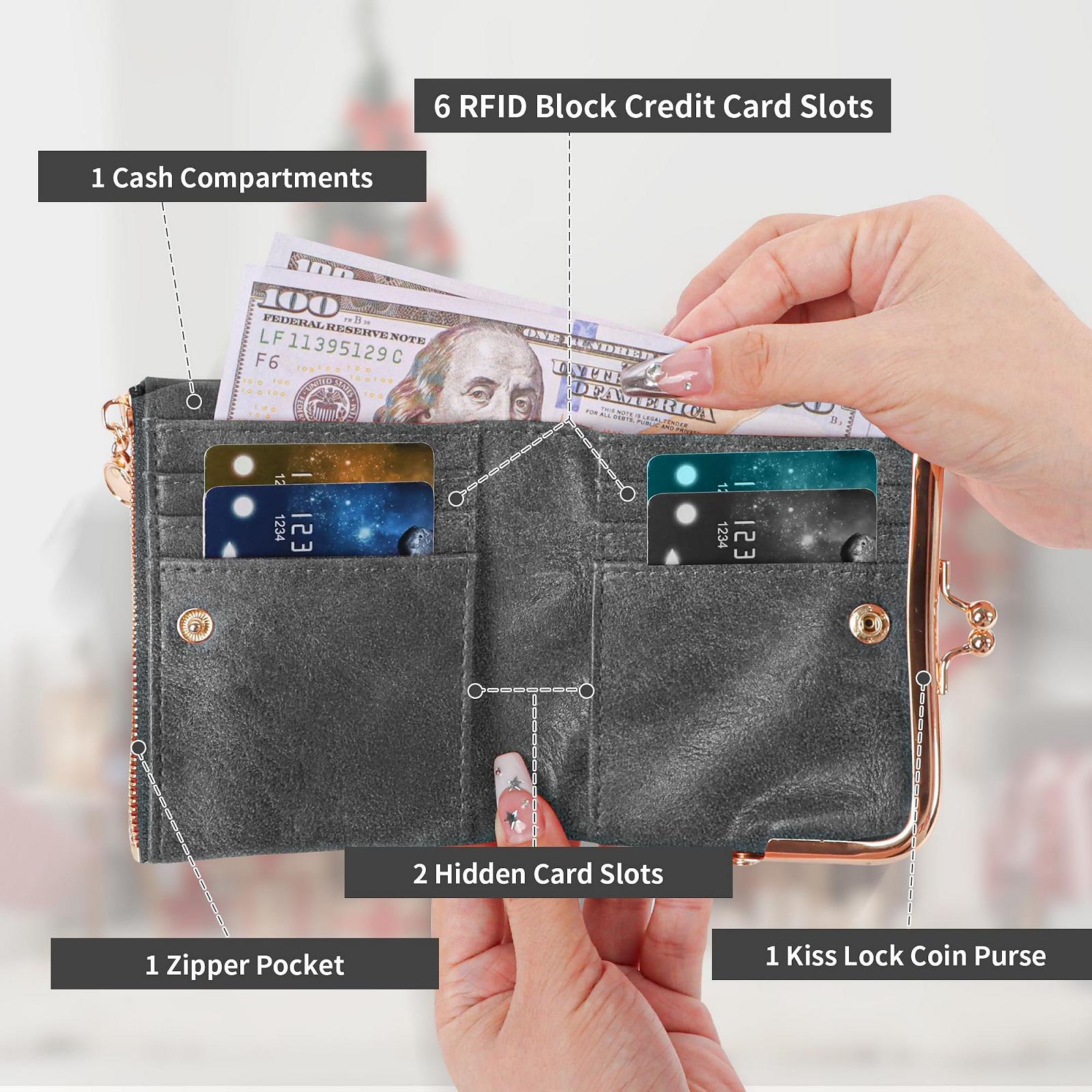 Кошелек женский кожаный Jiusely Bifold с защитой RFID, компактный кошелек на молнии, застежка Kiss, серый, фото №5