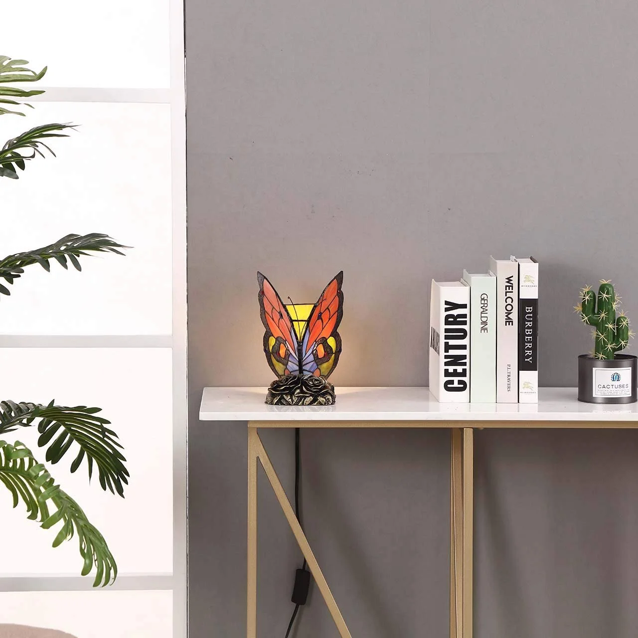 Настільна лампа Bieye L30038 Butterfly Tiffany Style Stained Glass 8 Inch Red, фото №3