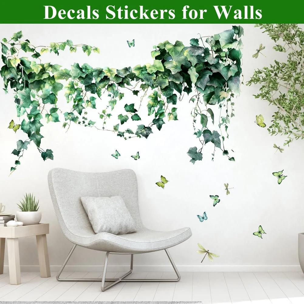 Наклейка на стіну Реалістичне листя плюща з метеликами та бабками Зелена ПВХ, фото №4
