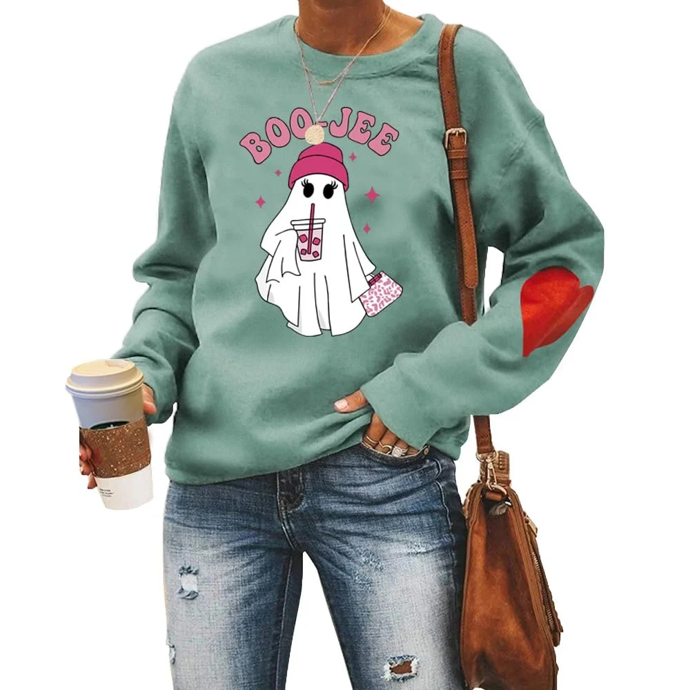 Женский свитшот MLZHAN Boo-Jee Хэллоуин, смешной, розовые привидения, с длинными рукавами, красное сердце, фото №1
