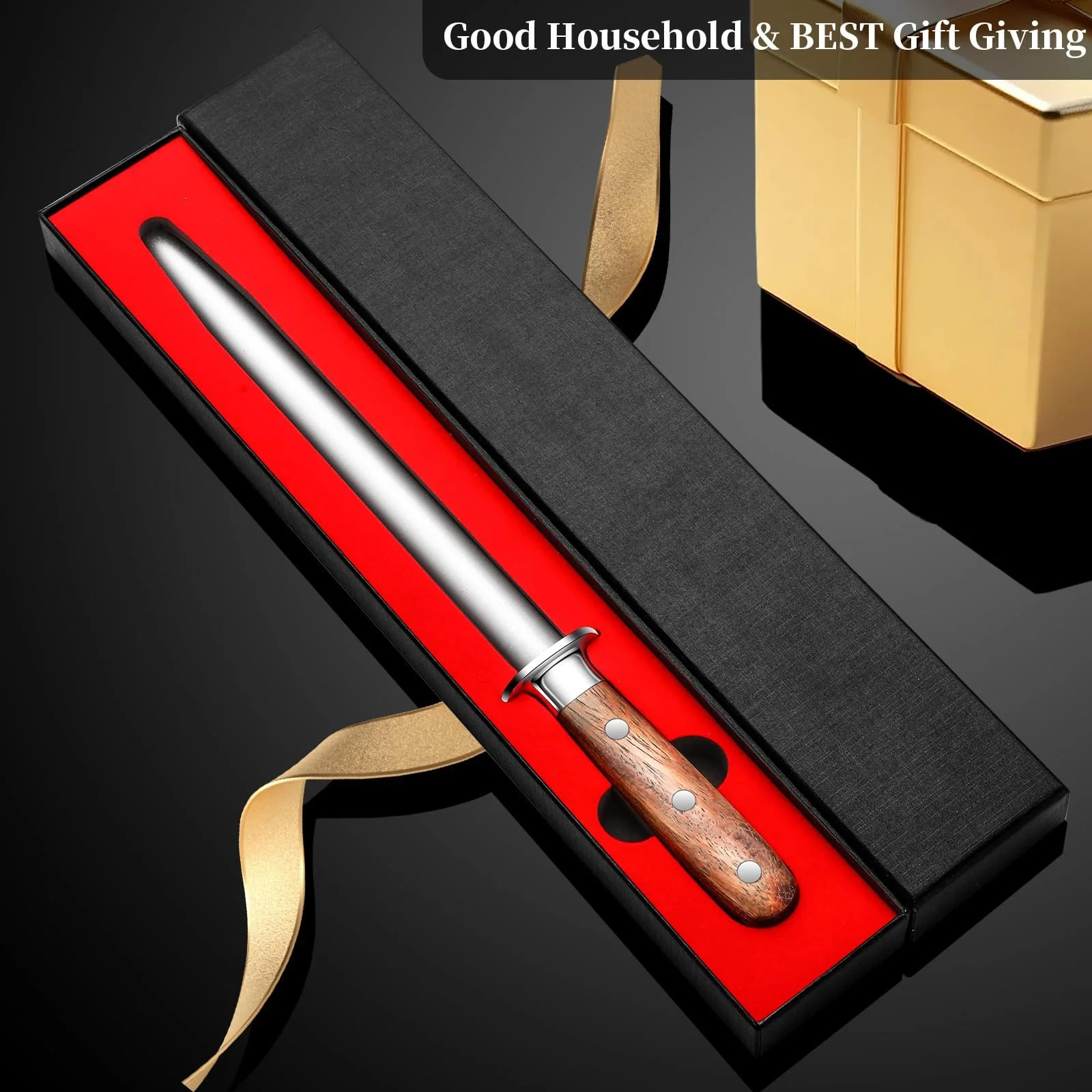 Мусат для ножів 13,7 дюйма вуглецева сталь ручка з грушевого дерева з металевим захистом у подарунковій коробці, фото №8 Мусат для ножів 13,7 дюйма вуглецева сталь ручка з грушевого дерева з металевим захистом у подарунковій коробці, фото №8