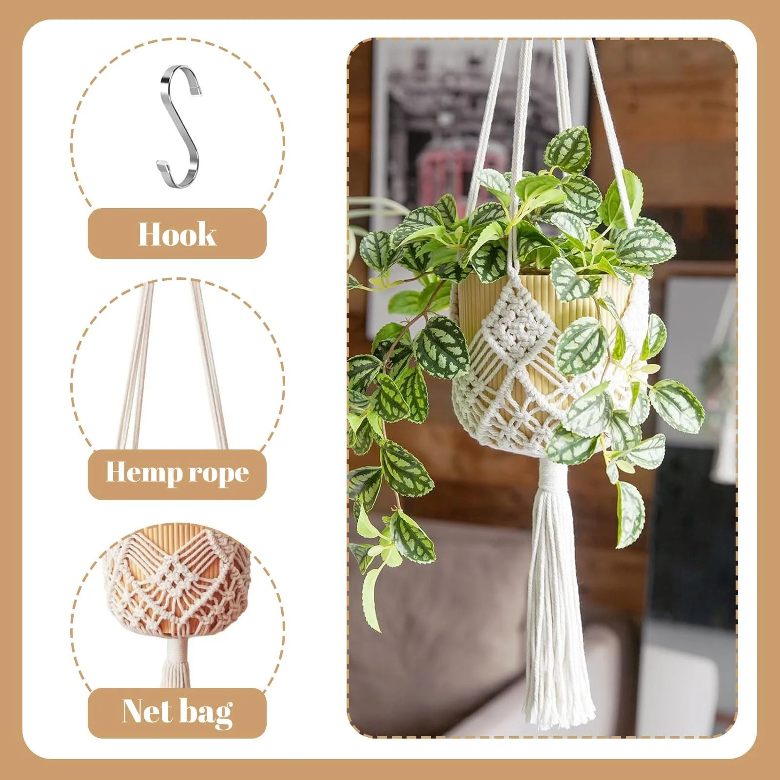 Подвесная корзина 2 шт. Макраме Для горшков до 20 см Бохо, фото №3