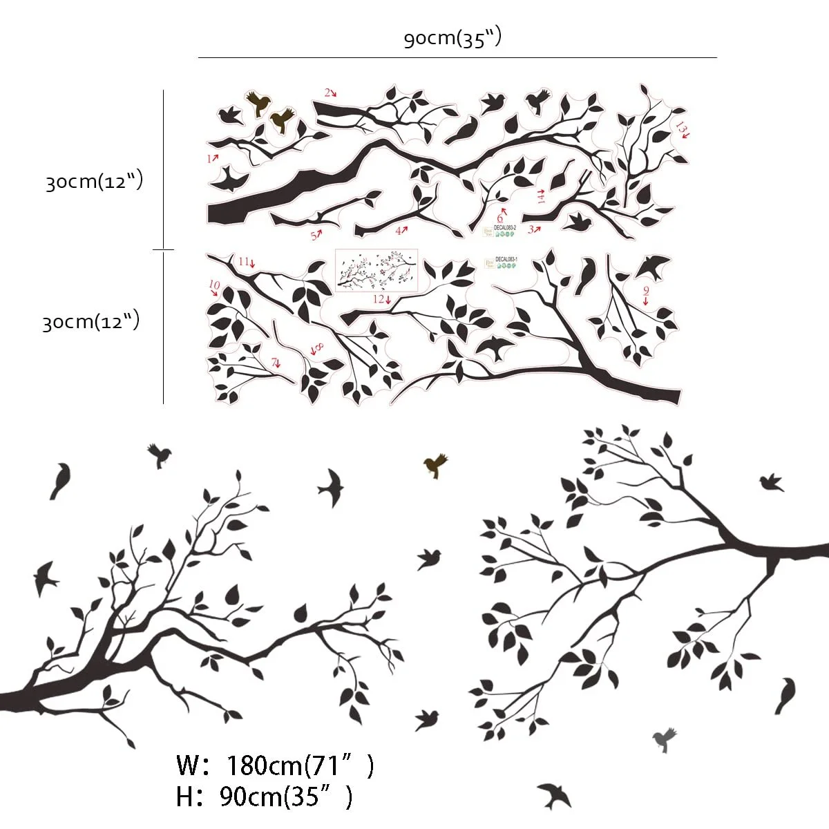 Наклейка на стіну Runtoo Гілка з птахами та листям дерев Чорна, фото №4