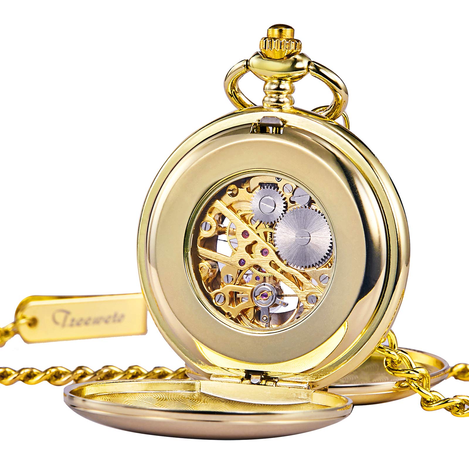 Кишеньковий годинник TREEWETO Smooth Double Case Skeleton Dial Delicate Mechanical Movement з ланцюжком золотий, фото №5