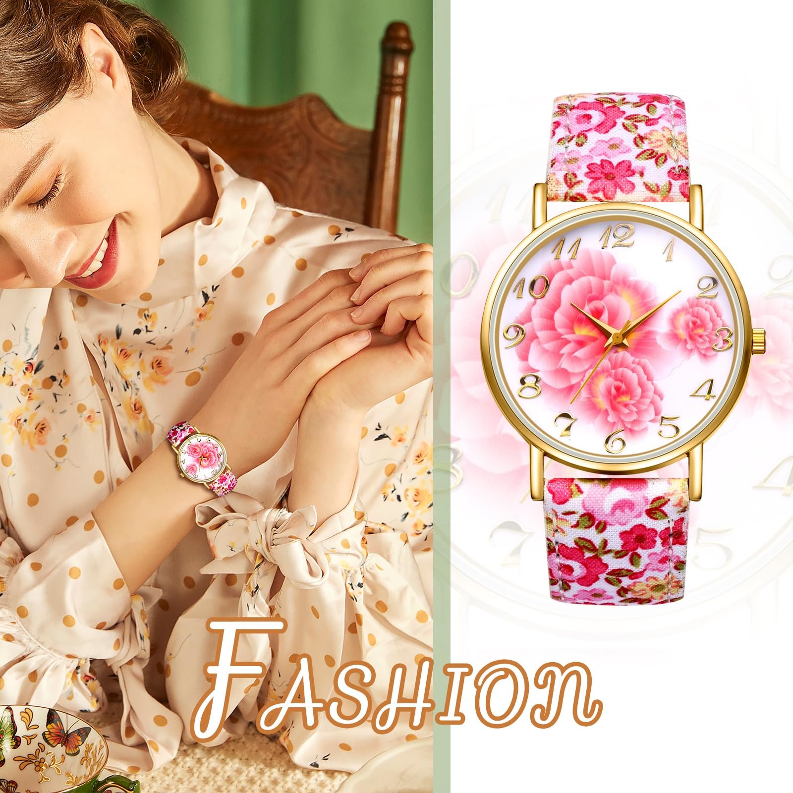 Часы женские OIDEA Кварцевые Аналоговые Кожаный ремешок Цветочный принт, фото №4 Часы женские OIDEA Кварцевые Аналоговые Кожаный ремешок Цветочный принт, фото №4