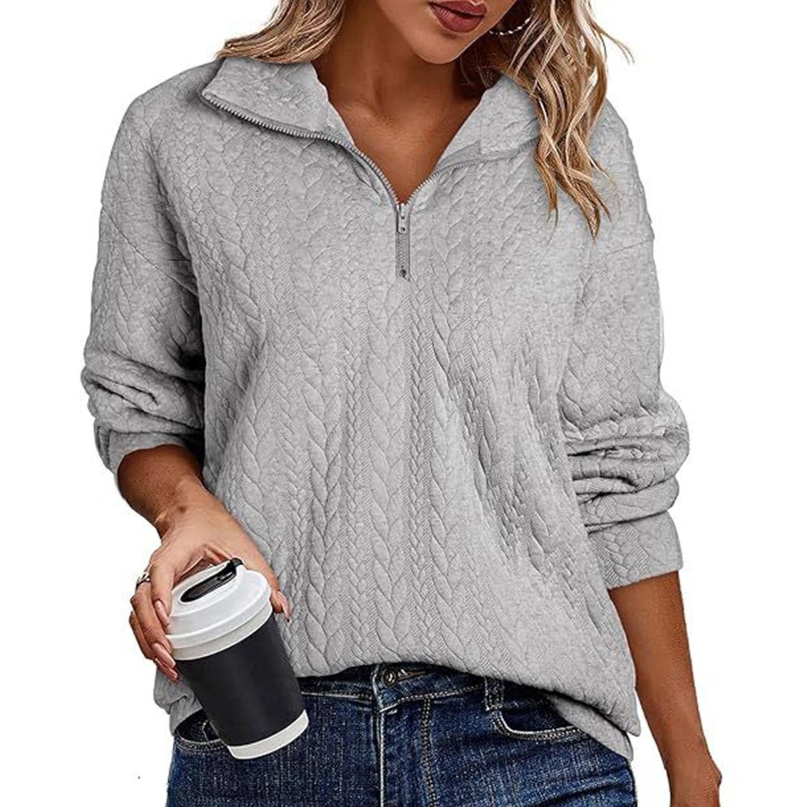 Свободная кофта на молнии для женщин и девушек Lässiges, однотонная, воротник на молнии, повседневная, с длинными рукавами, фото №3 Свободная кофта на молнии для женщин и девушек Lässiges, однотонная, воротник на молнии, повседневная, с длинными рукавами, фото №3