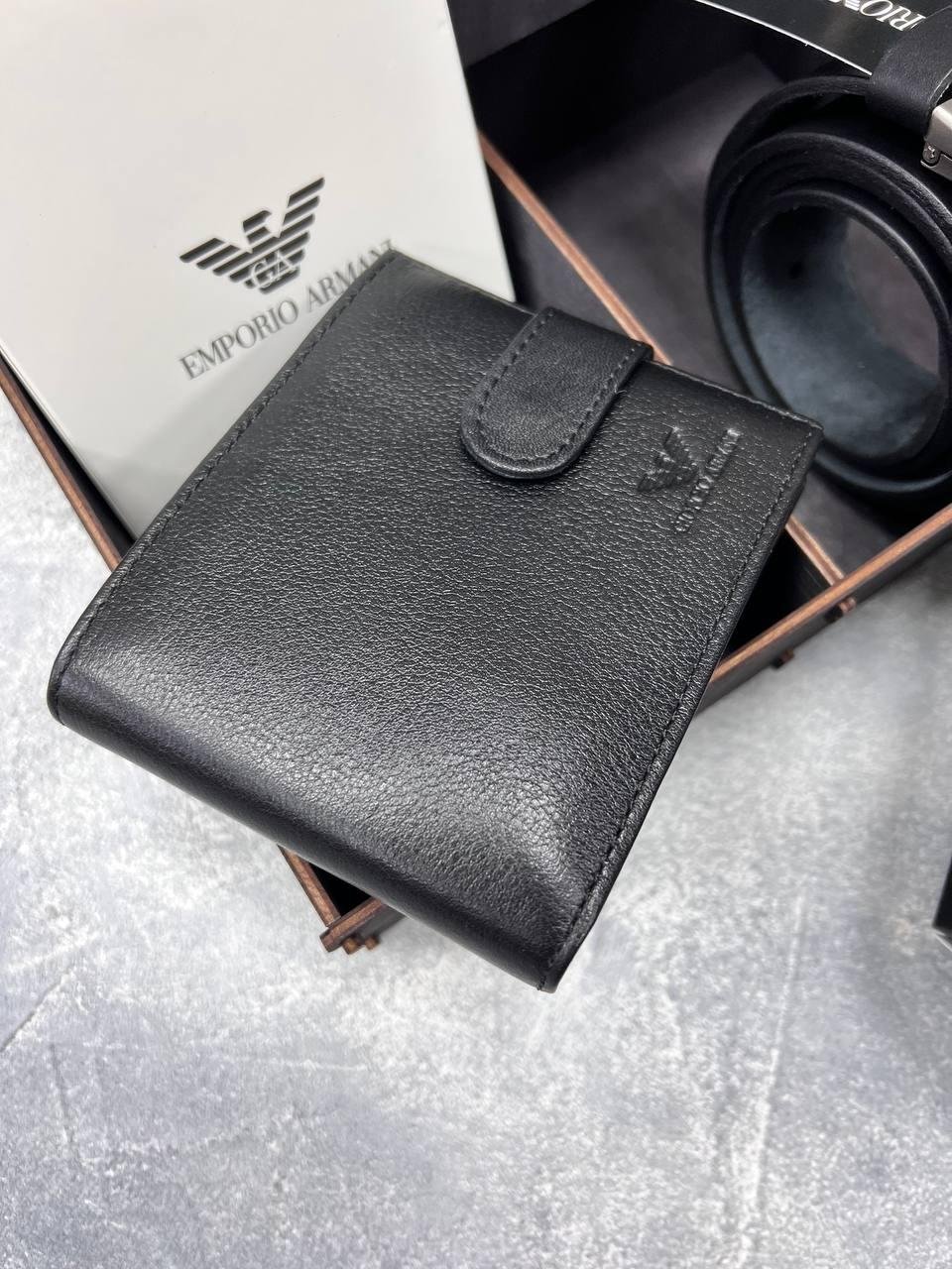 Мужской набор Armani ремень и кошелёк из натуральной кожи в подарочной упаковке, фото №3