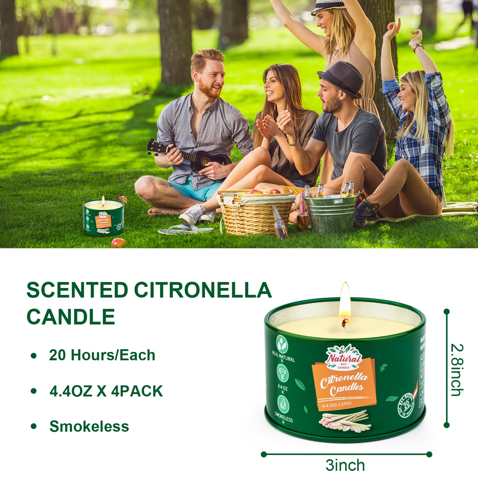 Свеча Citronella для улицы 4 штуки по 125 г - 120 часов горения Натуральный соевый воск и эфирное масло, фото №3