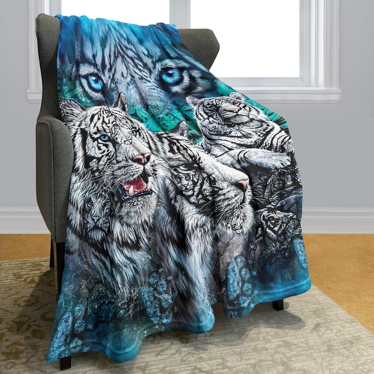 Одеяло YISUMEI 150 x 200 см Мягкое фланелевое одеяло Белый тигр Голубой, фото №2