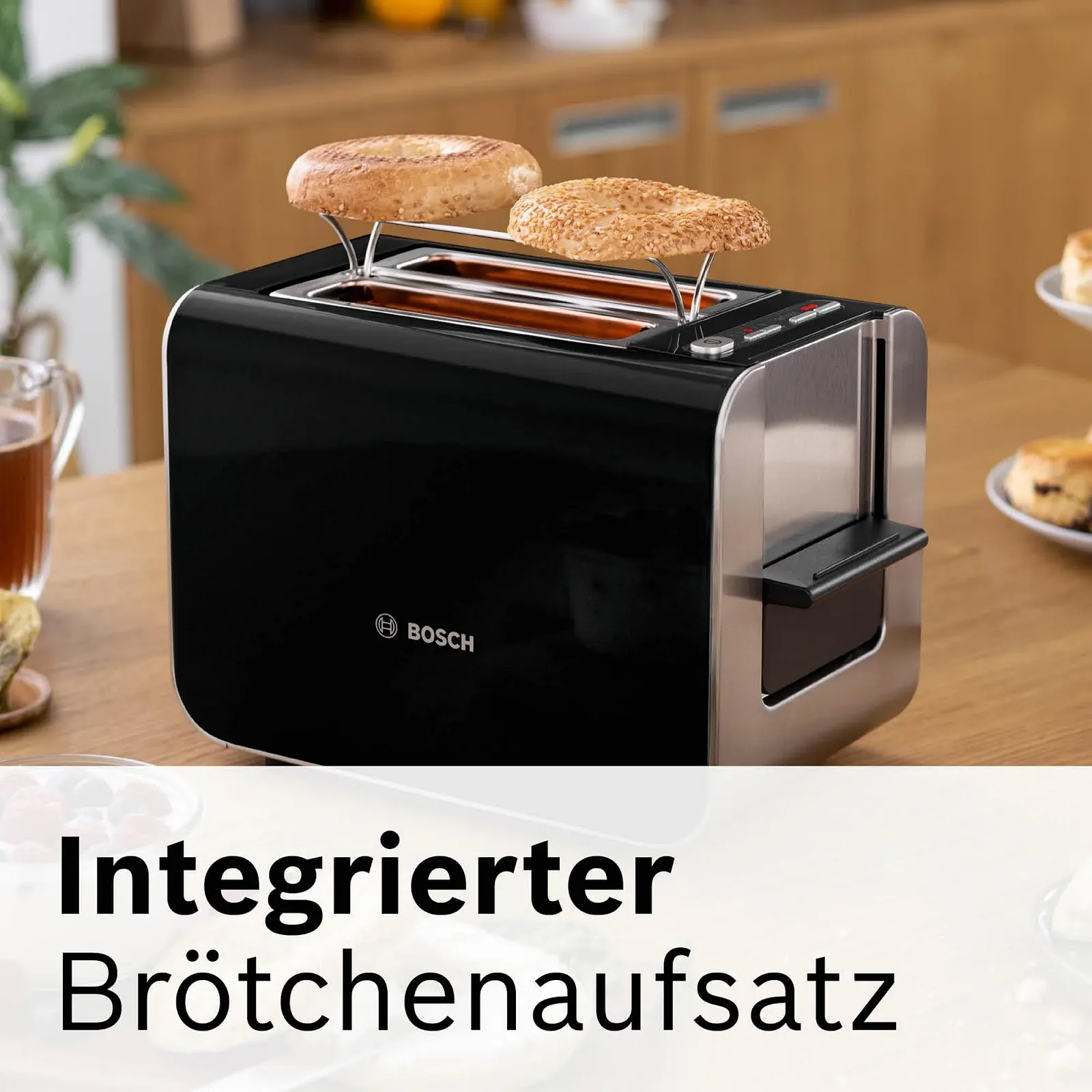 Тостер Bosch Styline TAT8613N, Вбудована насадка для булочок, Функція підйому, розморожування, Автоматичне вимкнення, Центрування хліба, 800 Вт, Нержавіюча сталь/Чорний, фото №4