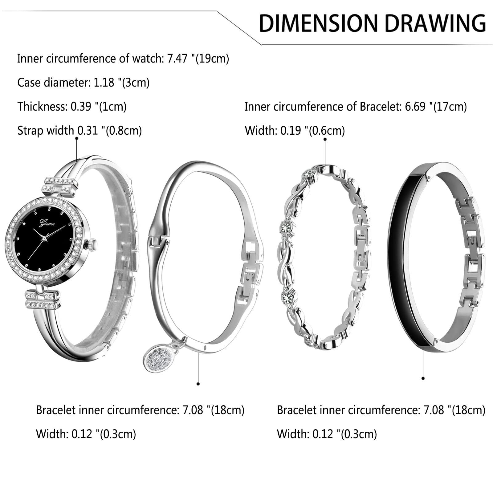 Набор: Женские часы-браслет JewelryWe, 4 шт, Кварцевые, Аналоговые, Металл, Стразы, фото №8