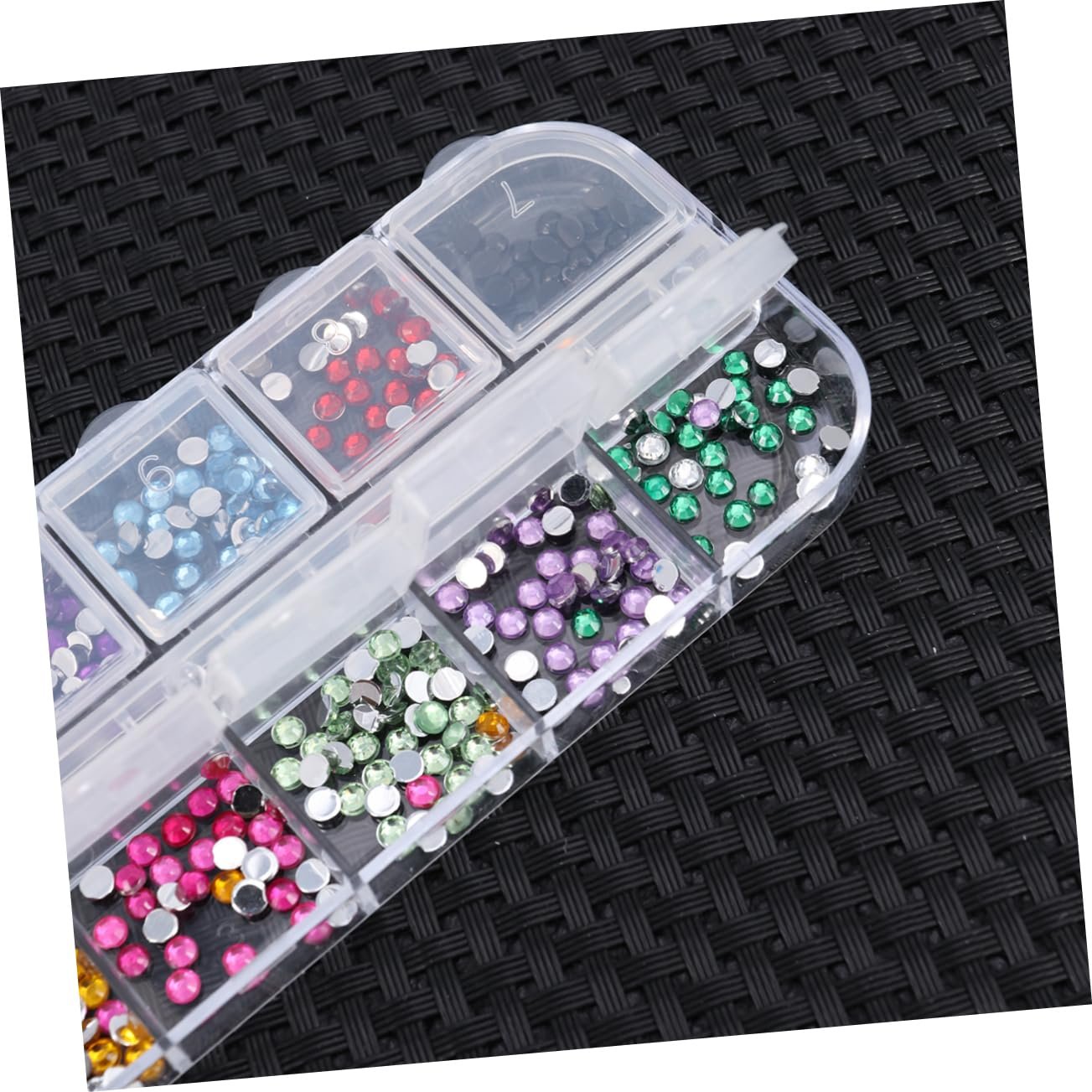 Стрази Healeved плоска задня частина, круглий діамантовий зріз, скляні з прозорим контейнером, кольорові, фото №6