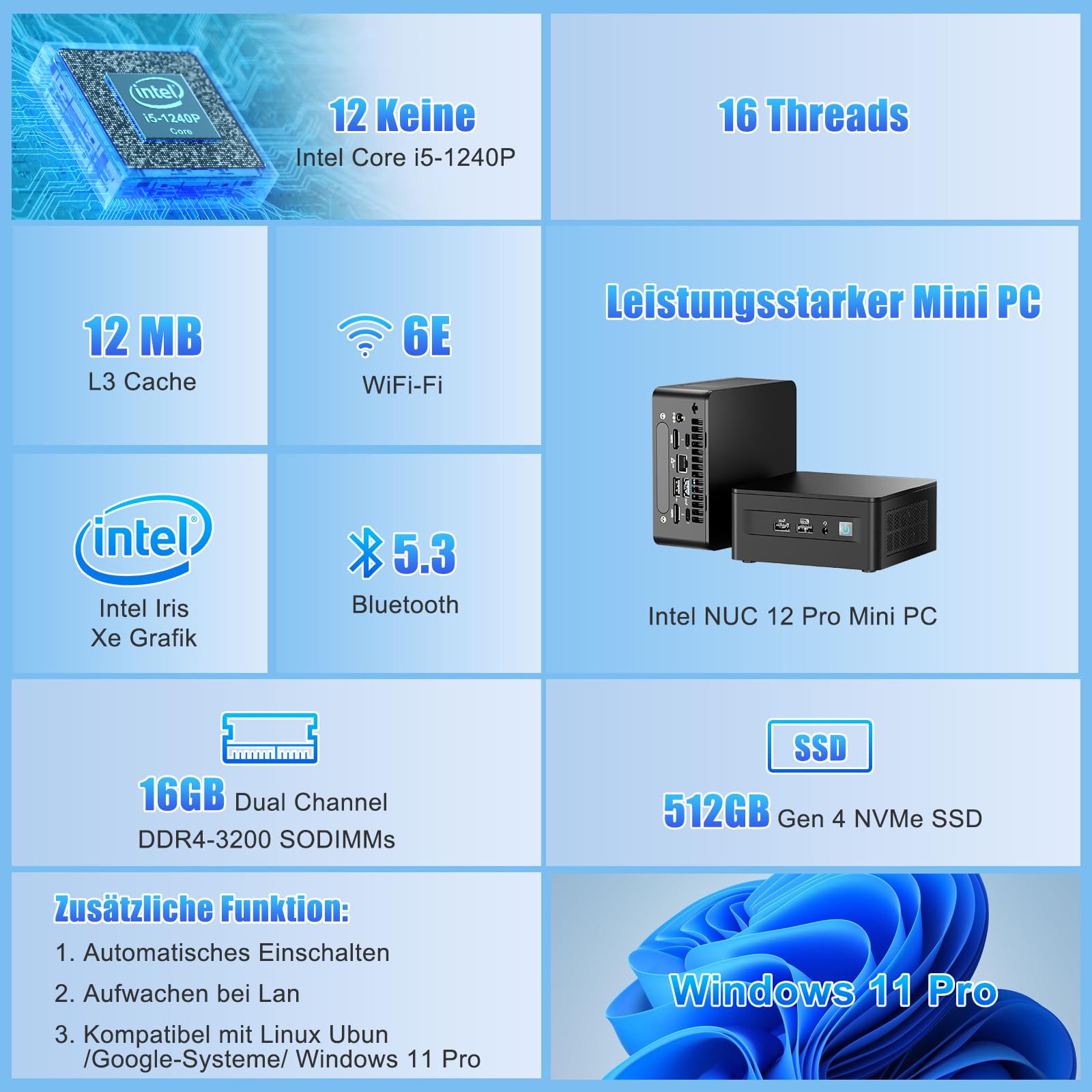 Міні ПК Intel NUC 12 Pro Core i5-1240P 12 ядер 16 потоків Iris Xe Graphics 16GB RAM 512GB SSD Windows 11 Pro Bluetooth 5.3 WiFi 6E Thunderbolt4, фото №1 Міні ПК Intel NUC 12 Pro Core i5-1240P 12 ядер 16 потоків Iris Xe Graphics 16GB RAM 512GB SSD Windows 11 Pro Bluetooth 5.3 WiFi 6E Thunderbolt4, фото №1