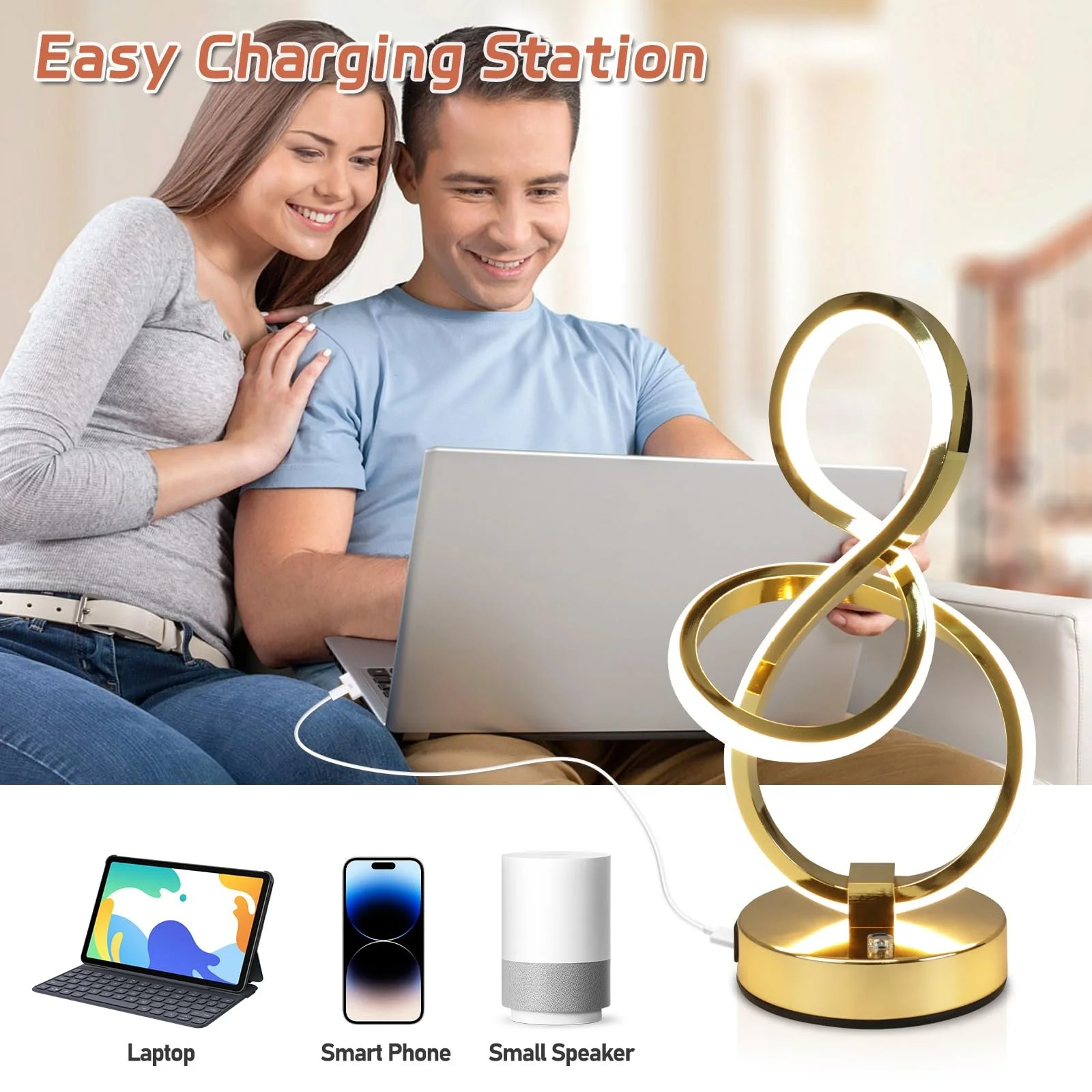 Настольная лампа LED 10 Вт Modern 3 Colour Temperatures Touch Control USB, золотистая, фото №4