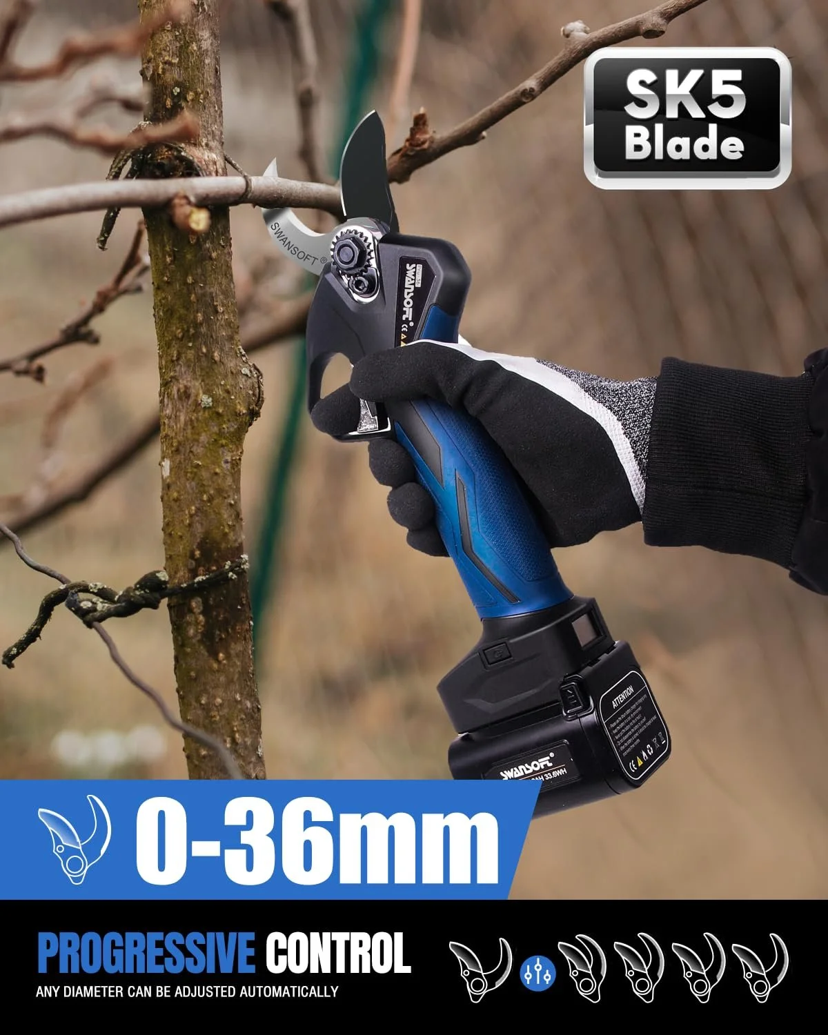 Секатор акумуляторний SWANSOFT PRU36 36 мм 16.8 В 900 Вт 4 Аг + 2 Аг, фото №2