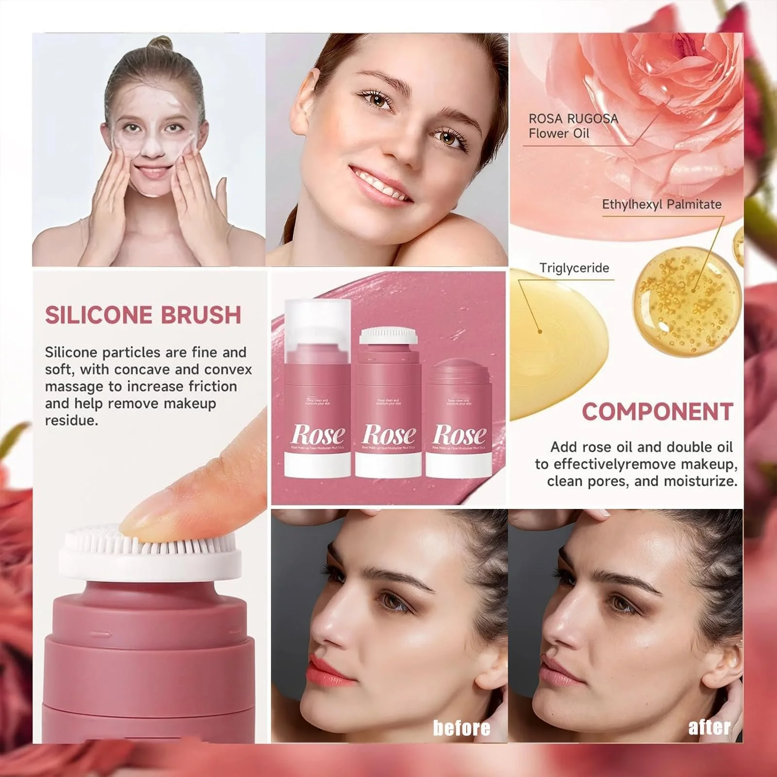 Маска-стик Глина Rose Clay для глубокой очистки пор, для сияющей кожи, контроль жирности, сужение пор и увлажнение, фото №5