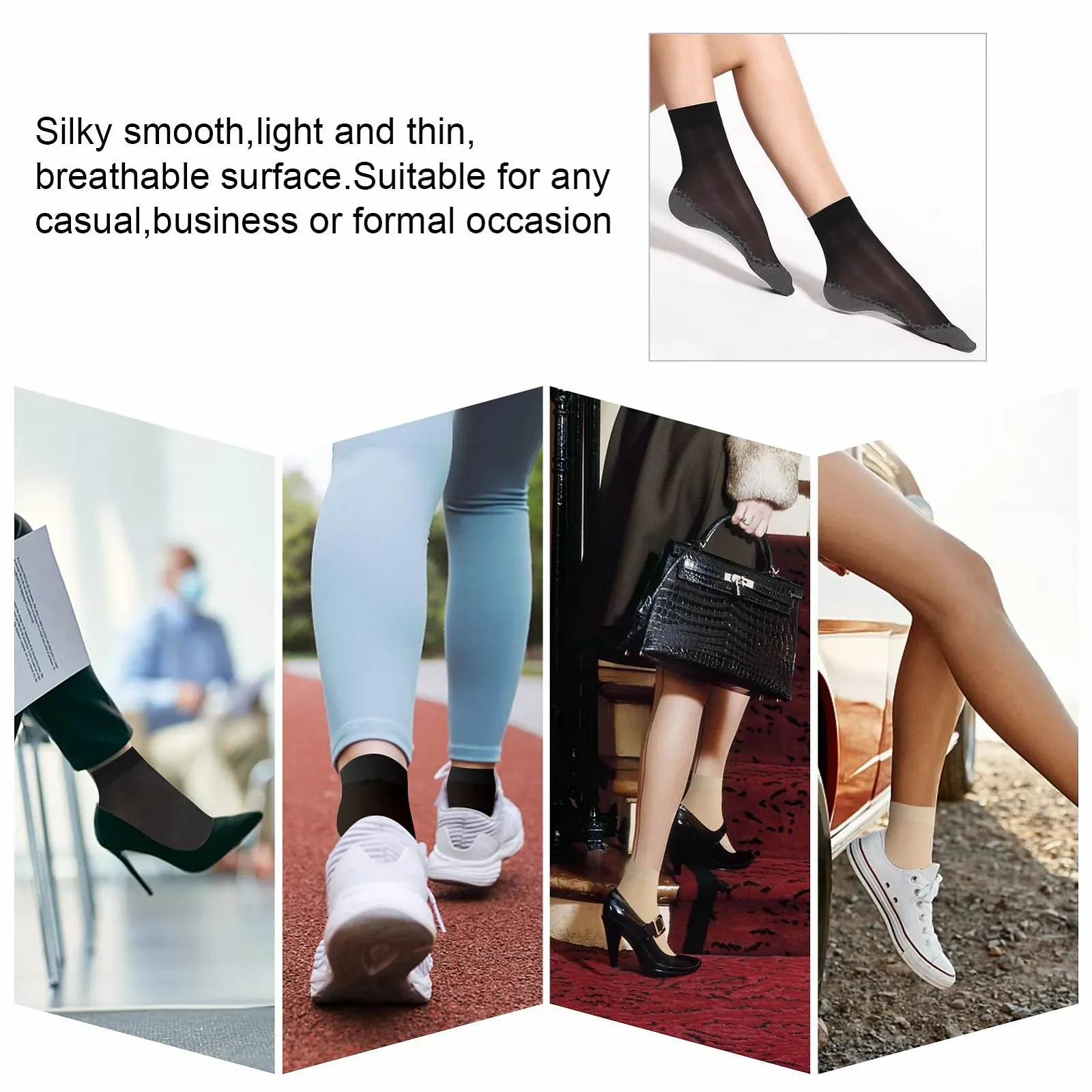 Носки Женские 20 пар Нейлоновые носки-следки с нескользящей хлопковой подошвой Полупрозрачные шелковистые усиленные пальцы Невидимые носки для женщин Девочек Черный Телесный цвет M, фото №2