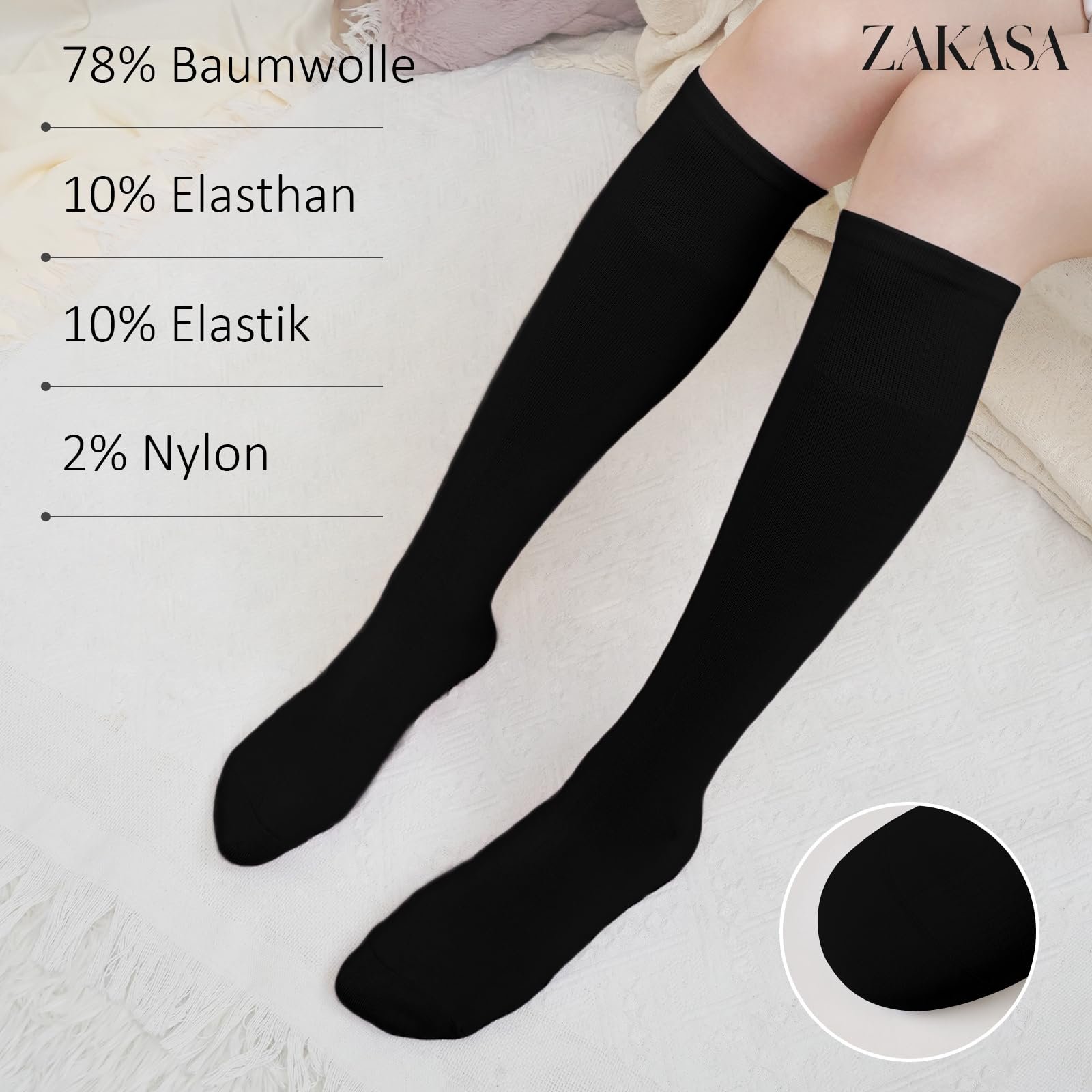 Гольфы ZAKASA для мужчин и женщин, хлопок: длинные чулки, гольфы с комфортным поясом, бесшовные, 4 пары, фото №2