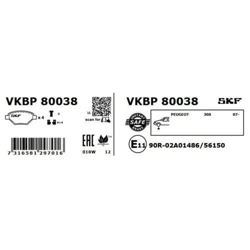 Комплект гальмівних колодок, дискове гальмо SKF VKBP 80038 для PEUGEOT, передня вісь, фото №2