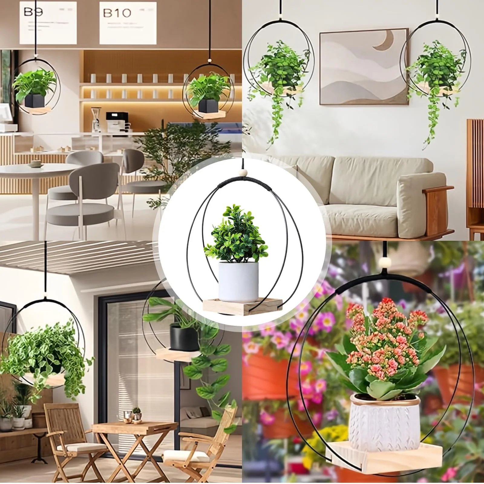 Підвісний квітковий горщик 30 x 30 см з дерев'яною основою та гачком Чорний, фото №9 Підвісний квітковий горщик 30 x 30 см з дерев'яною основою та гачком Чорний, фото №9