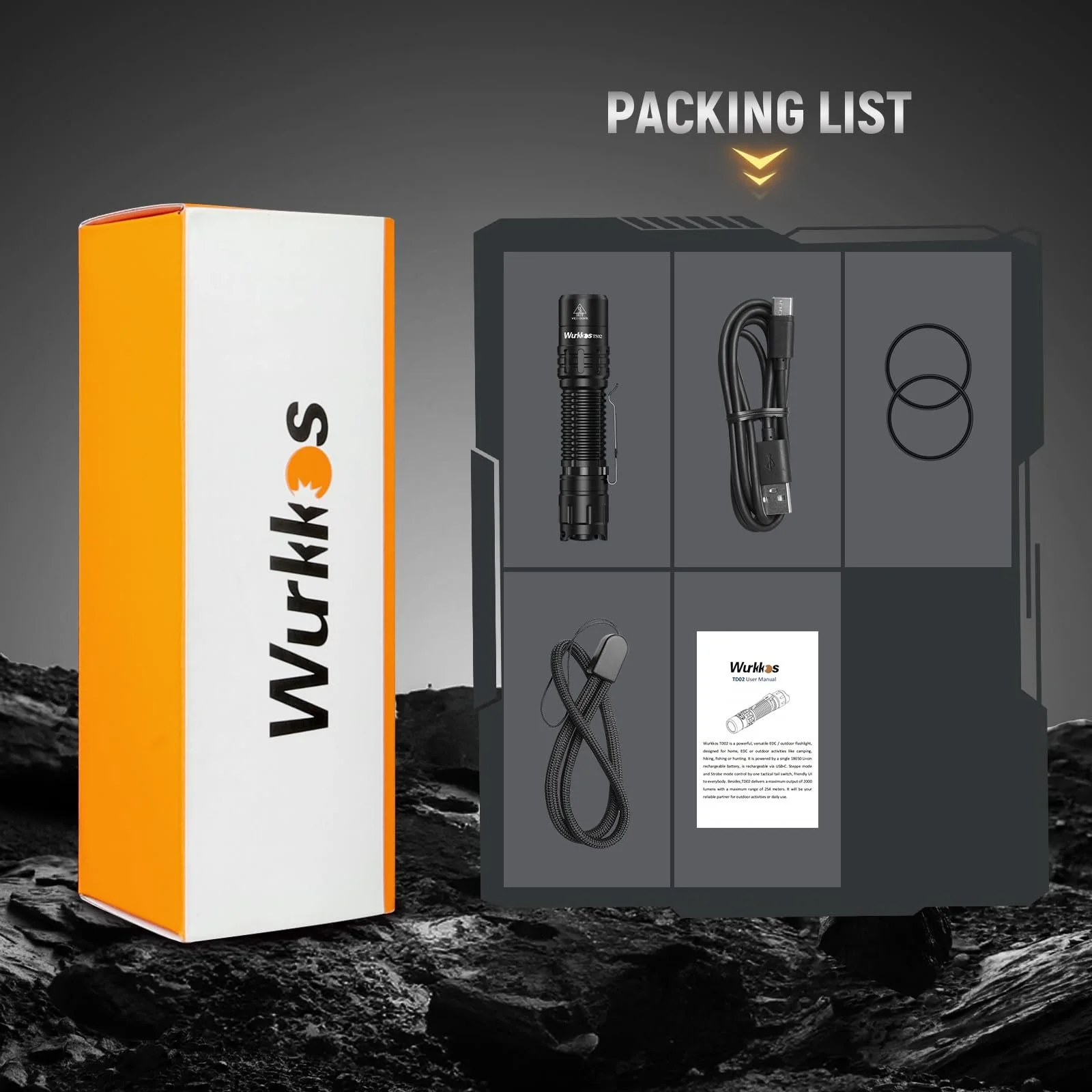 Тактичний ліхтар Wurkkos TD02 LED, надзвичайно яскравий 2000 люмен, USB C акумуляторний, IP68 водонепроникний з 6 режимами, фото №6