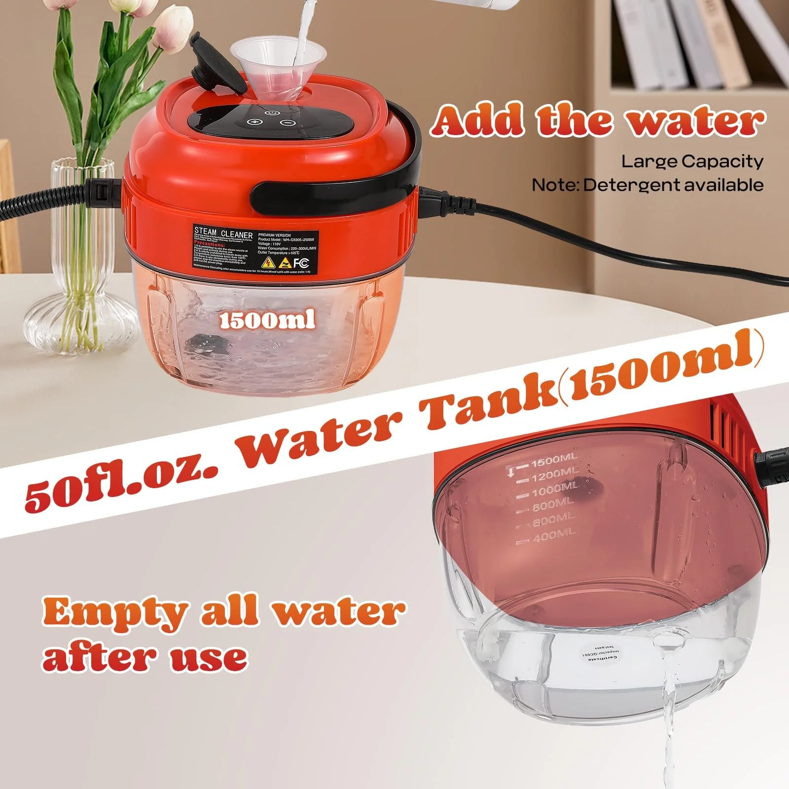 Ручний пароочисник Moongiantgo 2500 Вт 1.5 л 3.5 бар Помаранчевий, фото №5