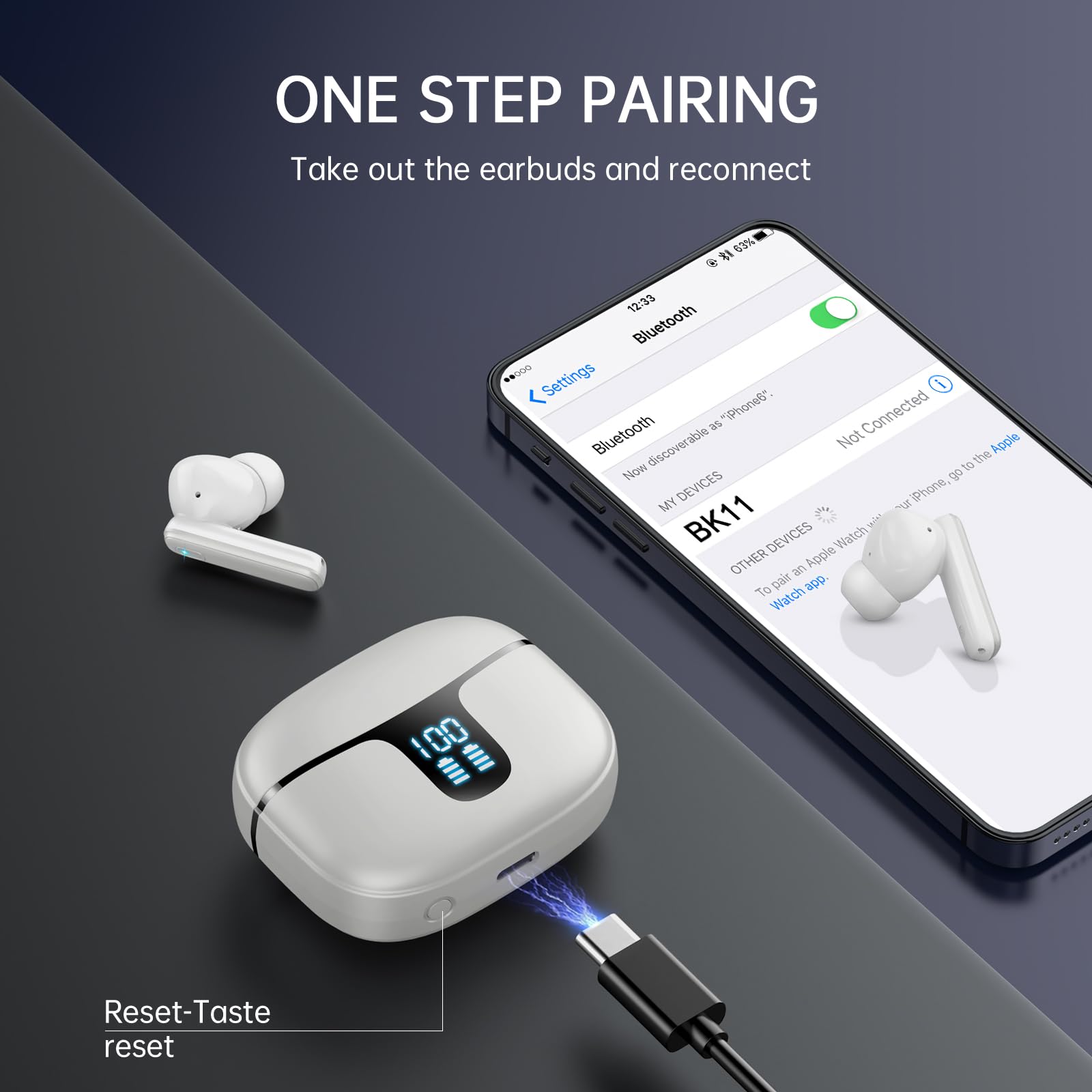 Наушники Renimer Bluetooth 2024 Bluetooth 5.3 внутриканальные 4 ENC Шумоподавление микрофон LED дисплей 40 часов глубокий бас IP7 водонепроницаемые, фото №3
