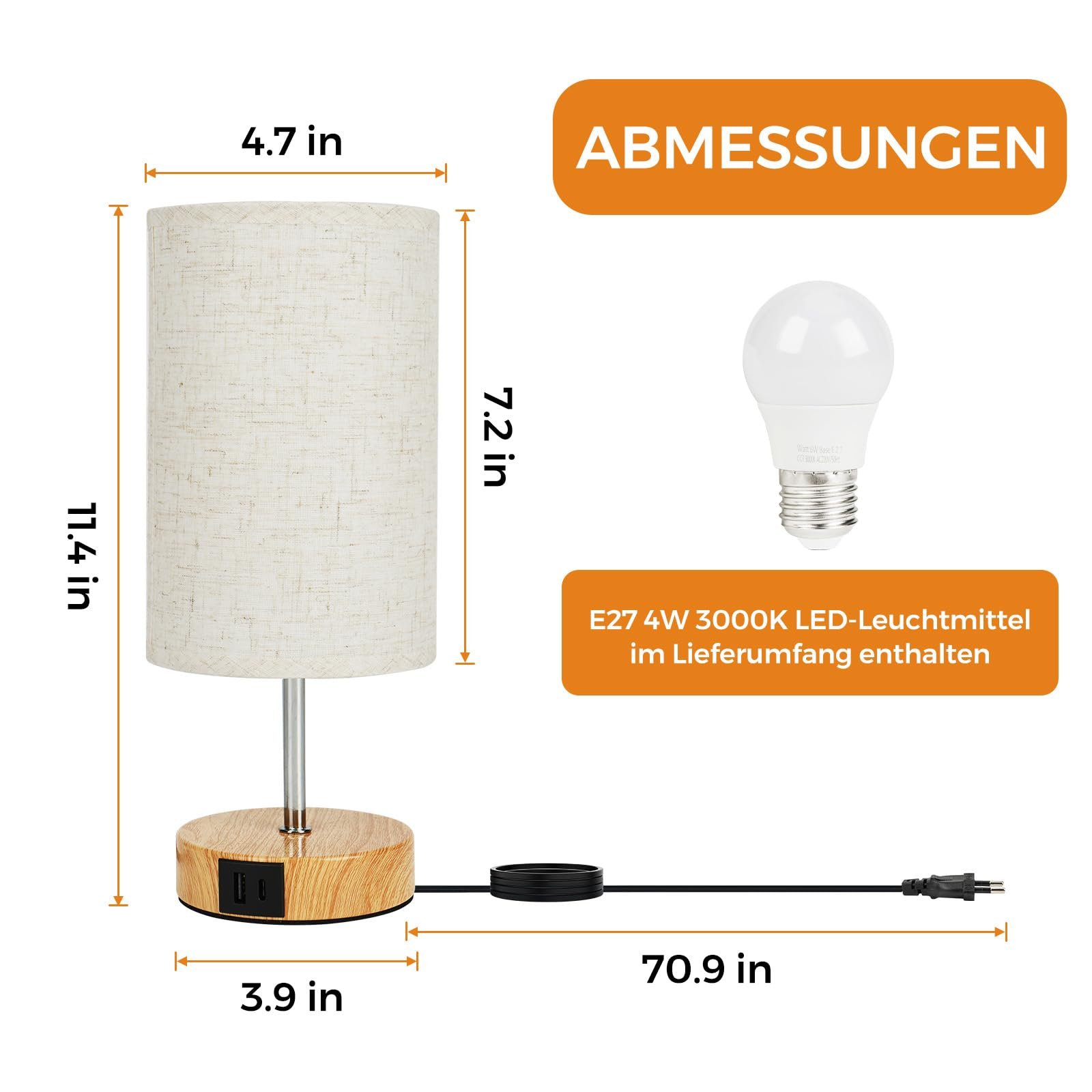 Настільна лампа Suright Bedside Lamp Touch Dimmable USB A+C Wooden Base LED Bulb Linen, фото №5