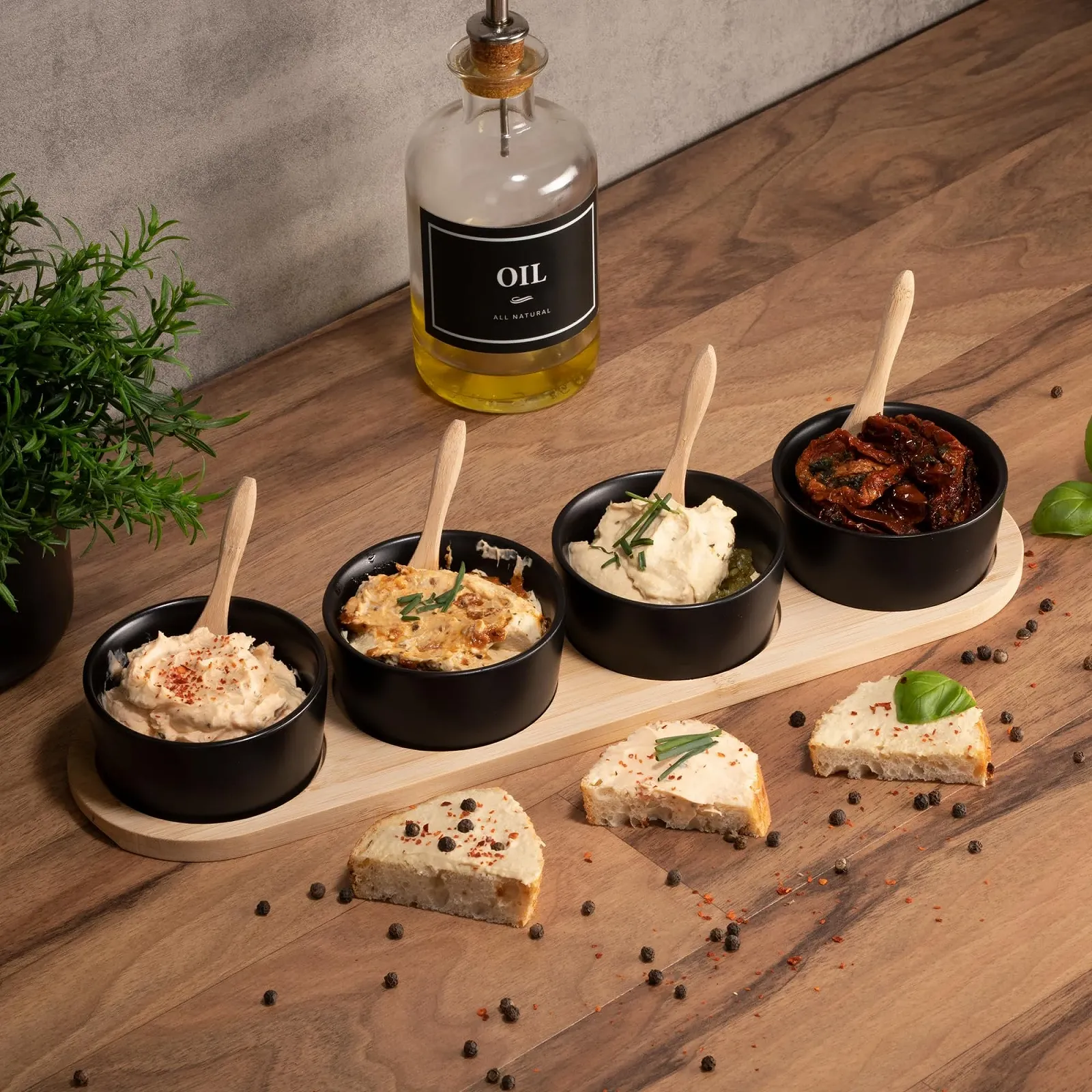 Миска Moritz & Moritz Набор черных лоханок для соуса с деревянной доской 4 шт, фото №4