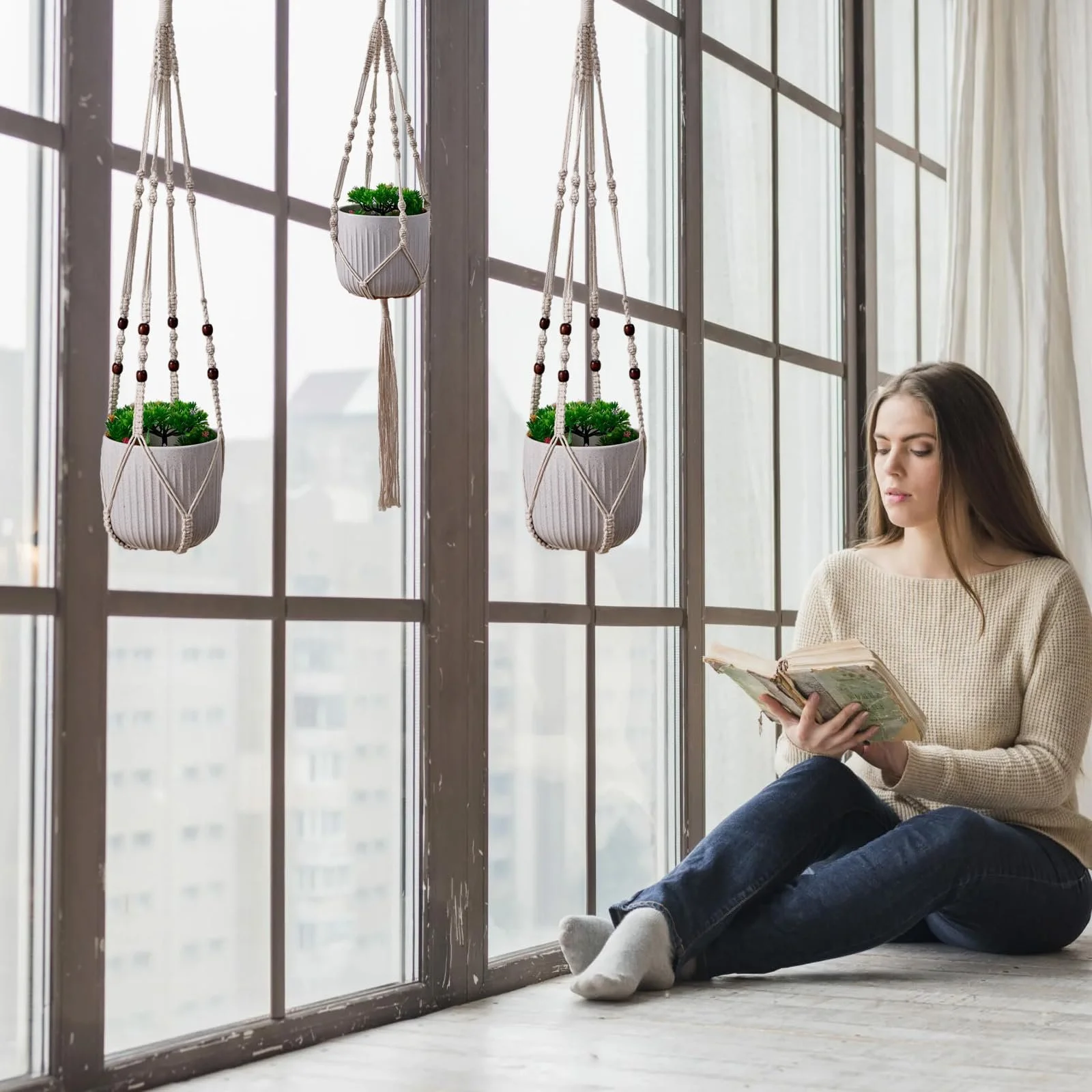 Подвес для растений макраме Набор 3 шт. хлопковый Коричневый, фото №2