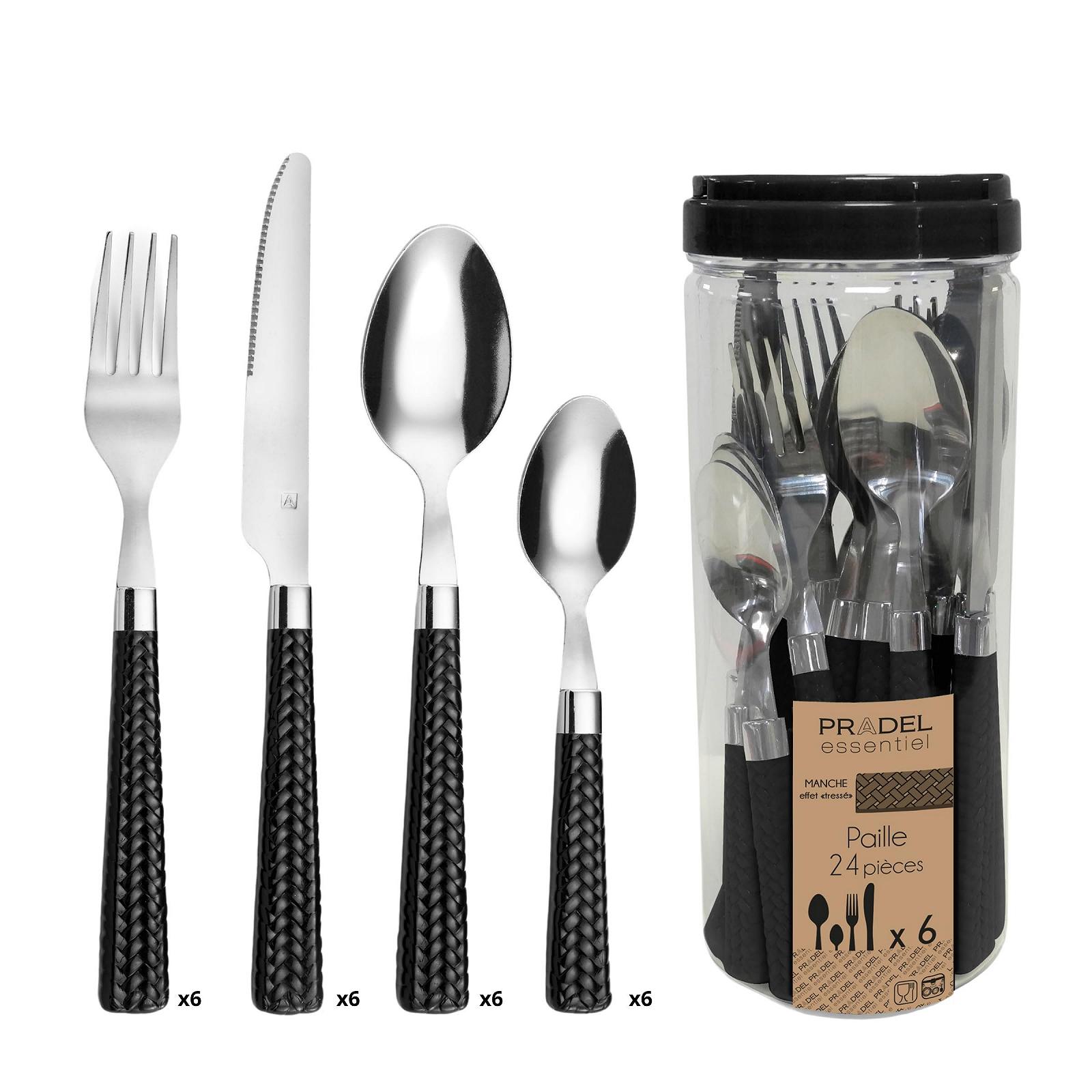 Набор столовых приборов Amefa PAILLE на 6 персон, набор столовых приборов 24 предмета, черные ручки с плетеным дизайном, фото №1