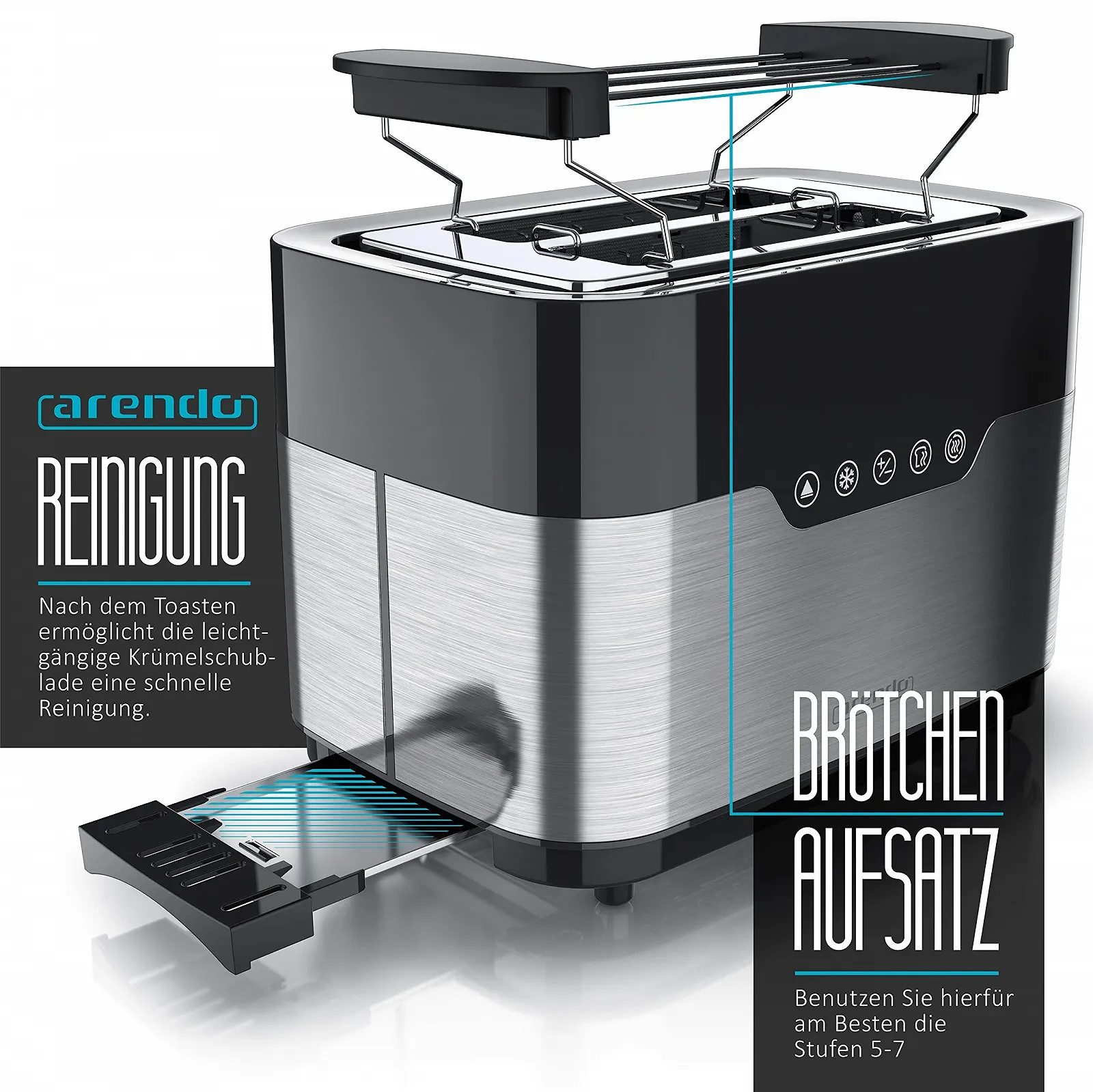 Тостер Arendo Stainless Steel, 2 скибочки, зі світлодіодним дисплеєм, насадкою для булочок, дуже широкими слотами, 7 рівнями підсмажування, функцією одностороннього підсмажування для булочок, фото №4