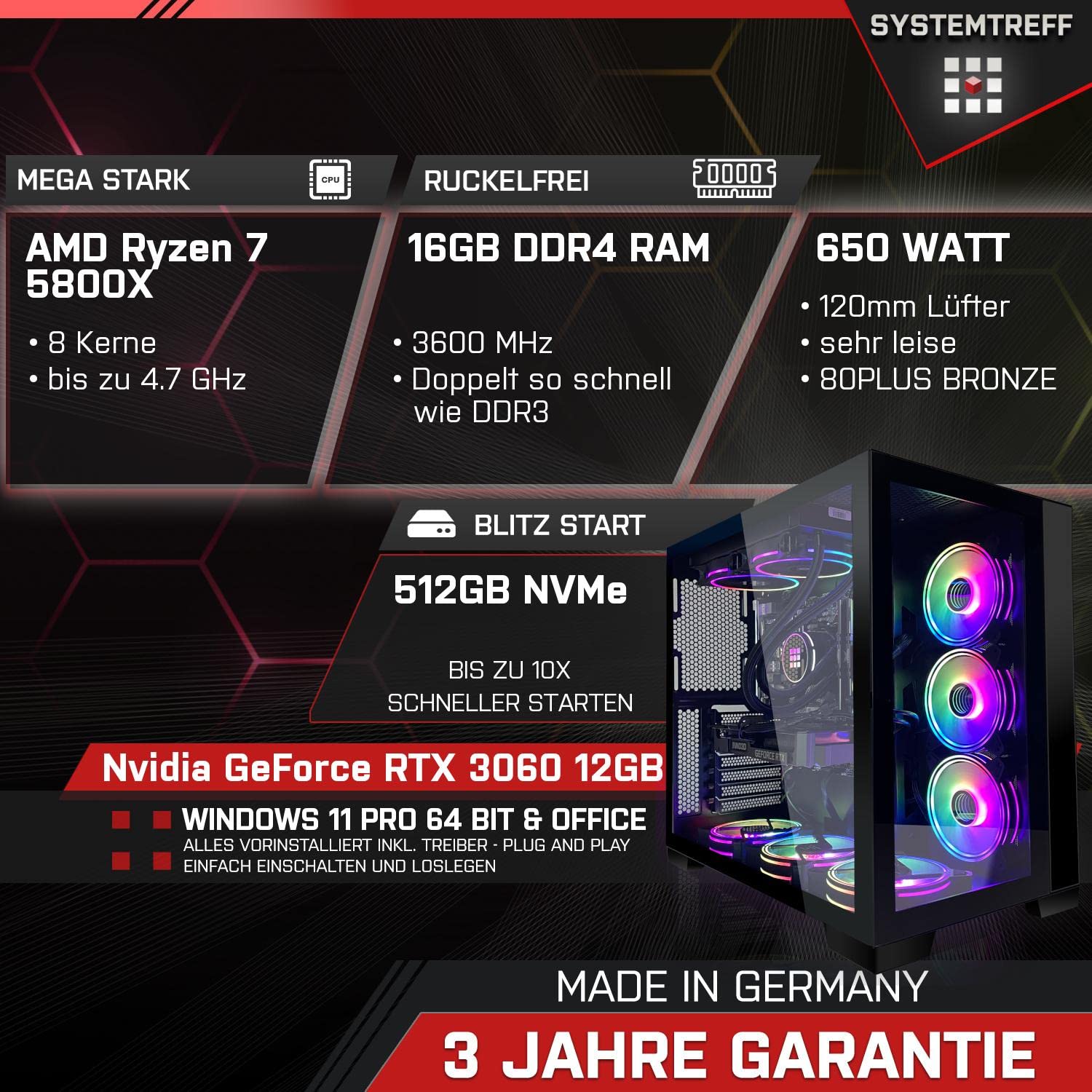 Системний блок SYSTEMTREFF Gaming PC AMD Ryzen 7 5800X 8x4.7GHz Nvidia GeForce RTX 3060 12GB DX12 512GB M.2 NVMe 16GB DDR4 RAM WLAN, фото №2