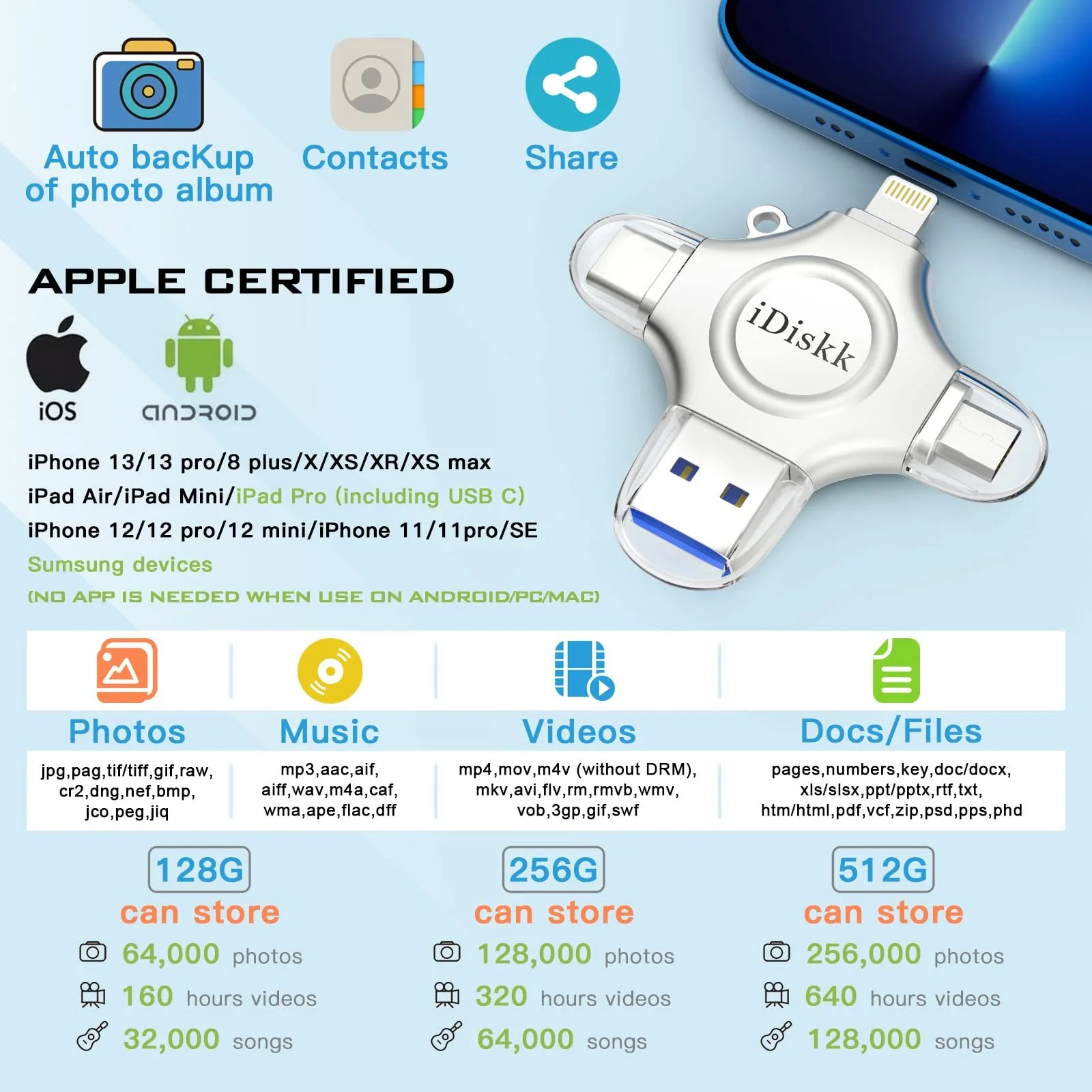USB-накопичувач iDiskk 512 GB 4 в 1 Lightning USB-C Micro USB USB 3.0, фото №2 USB-накопичувач iDiskk 512 GB 4 в 1 Lightning USB-C Micro USB USB 3.0, фото №2