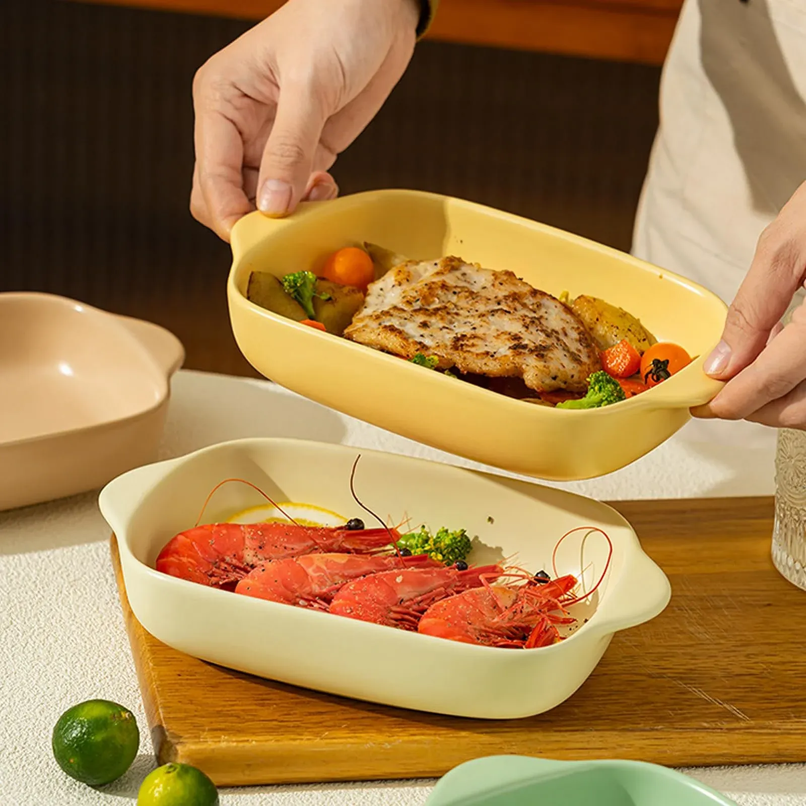 Форма для запекания керамическая набор 2 шт. малая с ручками молочно-желтая, фото №3