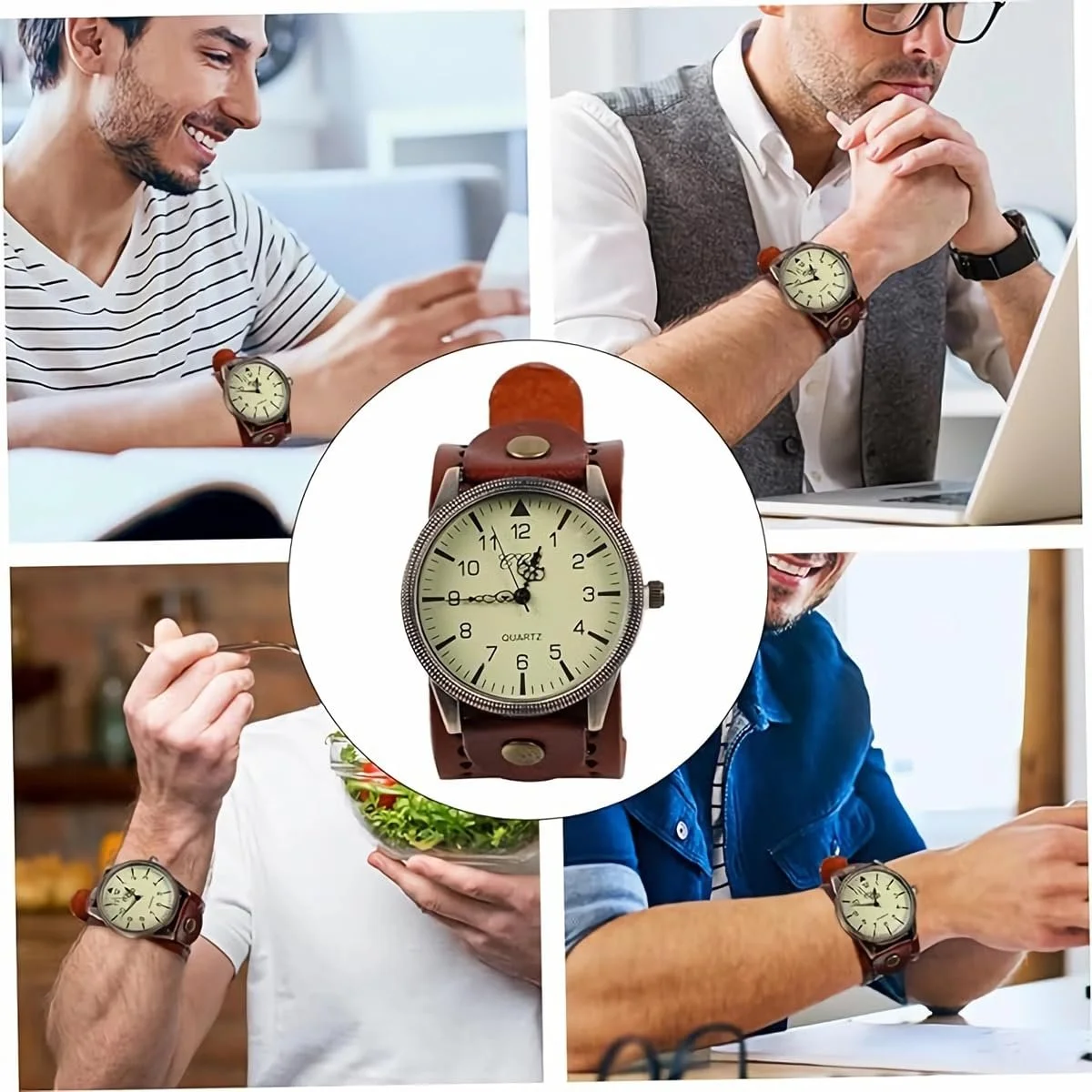 FENKOO Унісекс Вінтажний Шкіряний Ремінець Великий Циферблат Кварцовий Аналоговий Наручний Годинник, фото №4