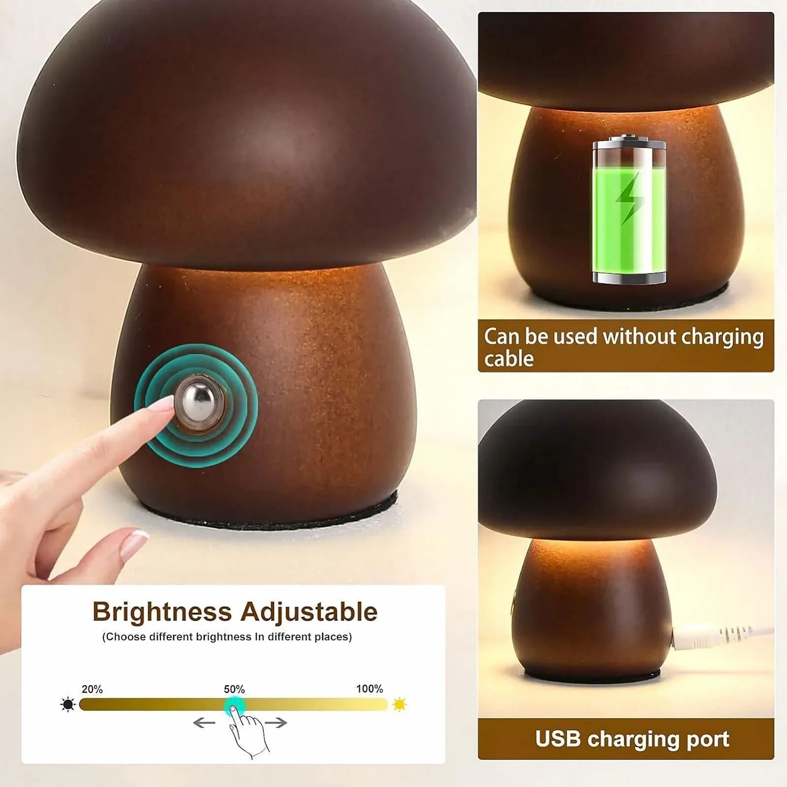 Настільна лампа Mushroom LED акумуляторна сенсорна димована USB Колір горіх, фото №5
