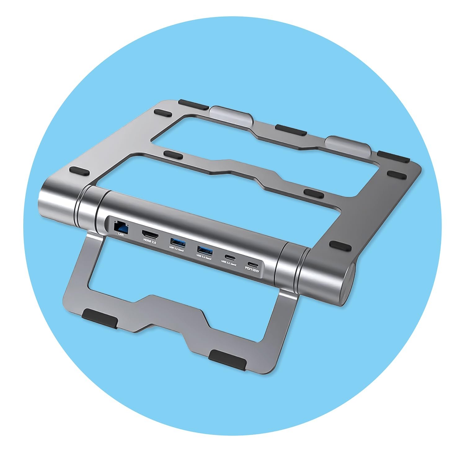 Підставка для ноутбука Reagle Регульована Складна MacBook HUB HDMI Живлення 100 Вт LAN USB-C Алюміній 10 Гбіт/с Plug and Play (Сріблястий), фото №9