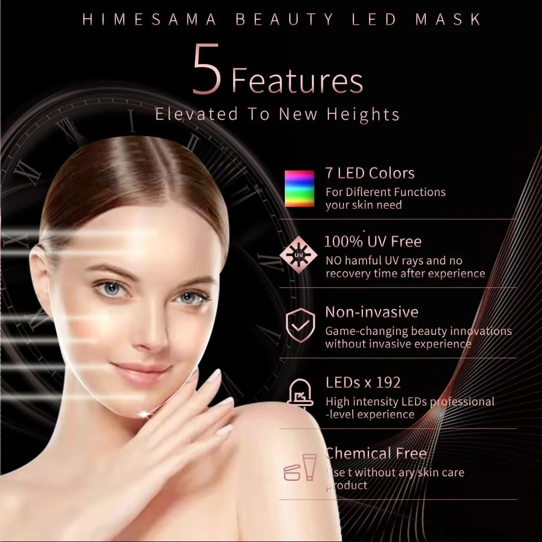 LED Маска для обличчя HIME SAMA Beauty Pro 7 кольорів Світлотерапія Омолодження шкіри Обличчя та шия A-021, фото №2