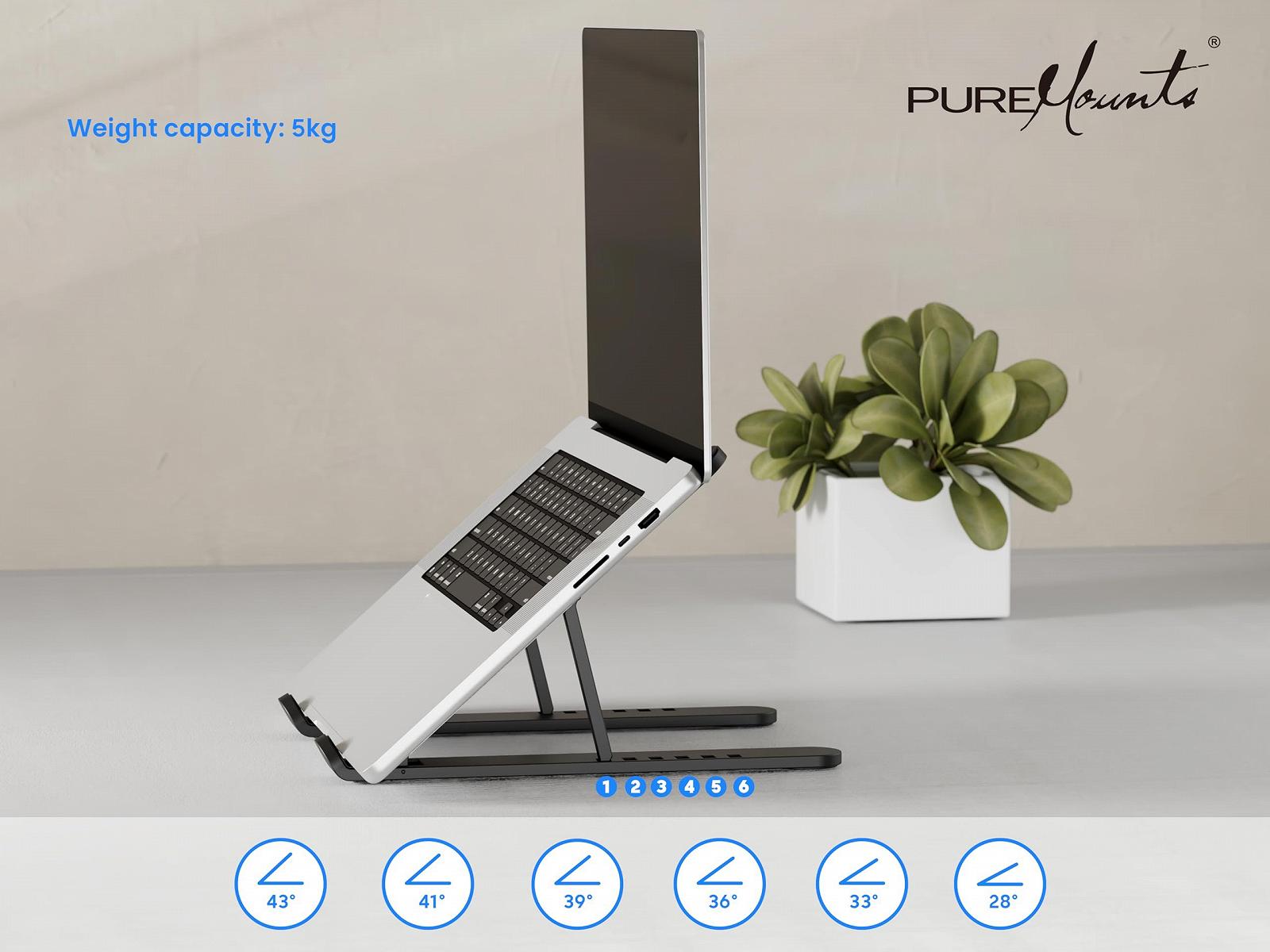 Подставка для ноутбука PureMounts, регулируемая по высоте, складная и эргономичная подставка для ноутбука для домашнего офиса, 6 регулируемых углов обзора, подставка для ноутбука с вентиляцией и нескользящими накладками, черная, фото №2