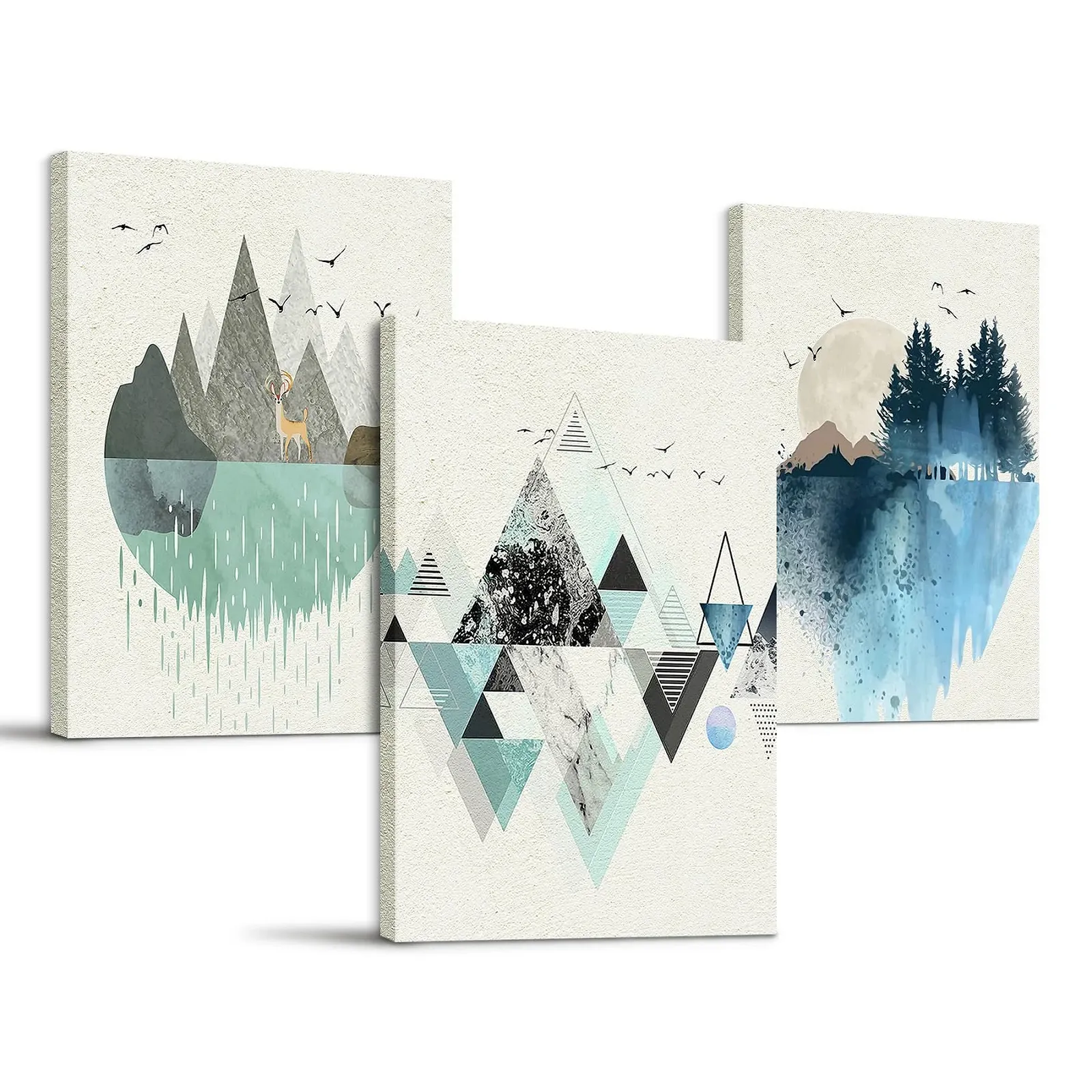 Картина на холсте hyidecorart Abstract Pictures Green and Blue Geometric Mountain Landscape Nordic Minimalist, фото №1