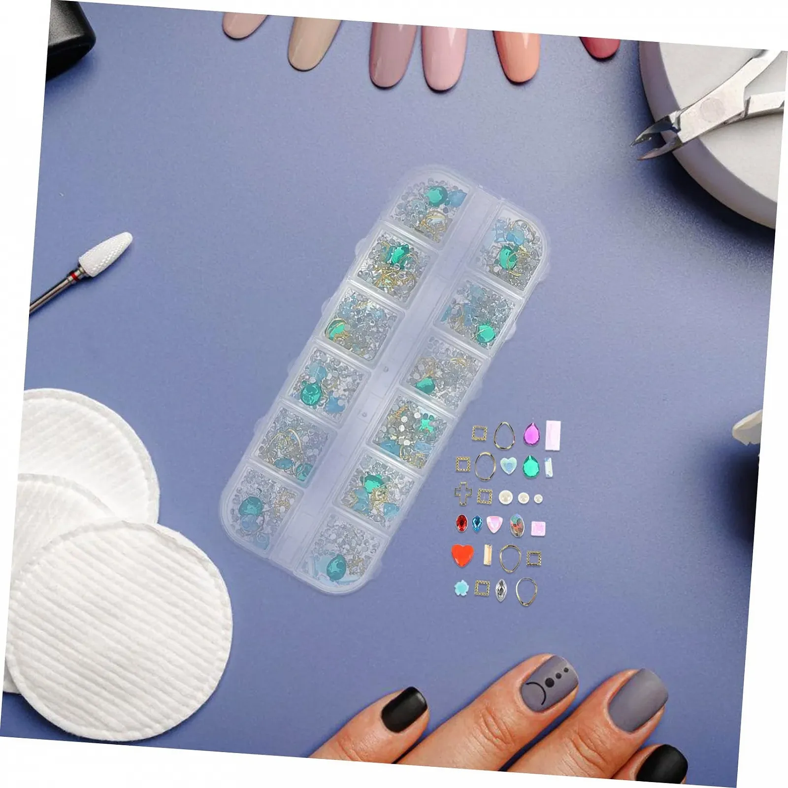 Стрази для манікюру в 6 коробках, 12 відділень, заклепки, скляні стрази для декорування нігтів, фото №9