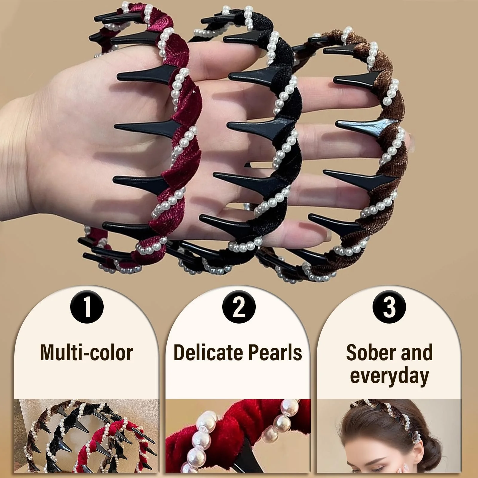 Вінтажний обруч для волосся з штучними перлинами, 3 шт., фото №2