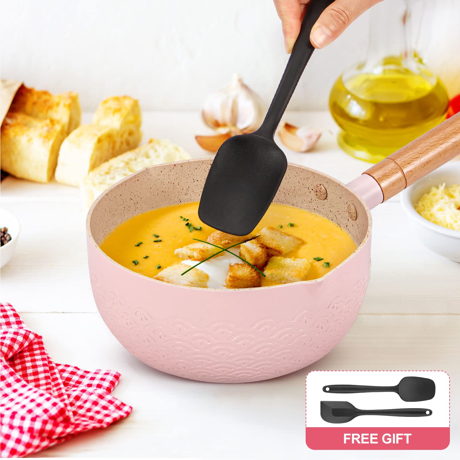 Каструля Bundlepro Non Stick 2.1L Алюмінієвий Силіконовий шпатель Рожевий, фото №4