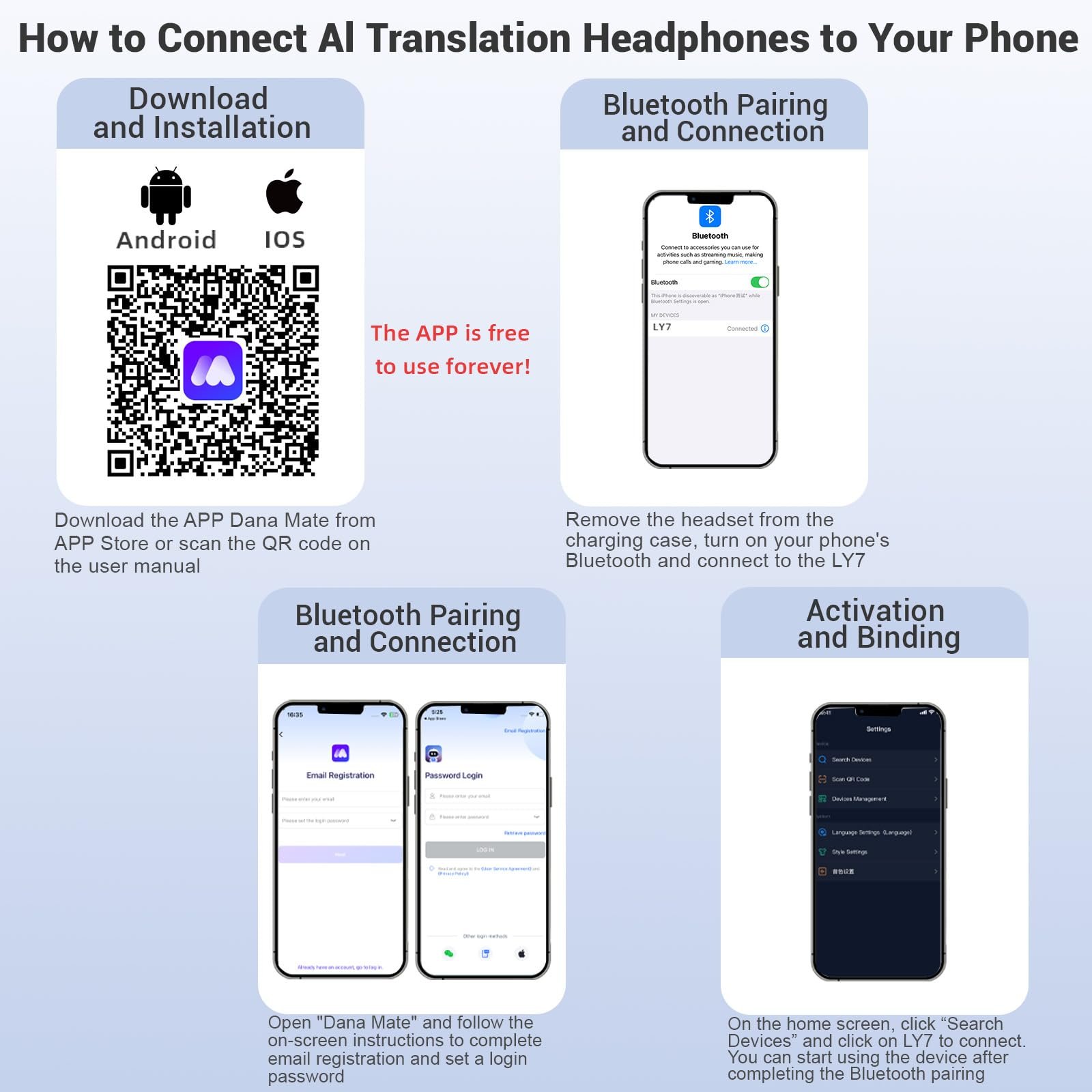 Навушники-перекладачі AI, покращені для перекладу мов у реальному часі з додатком, Bluetooth 5.4, 6 режимів, фото №7