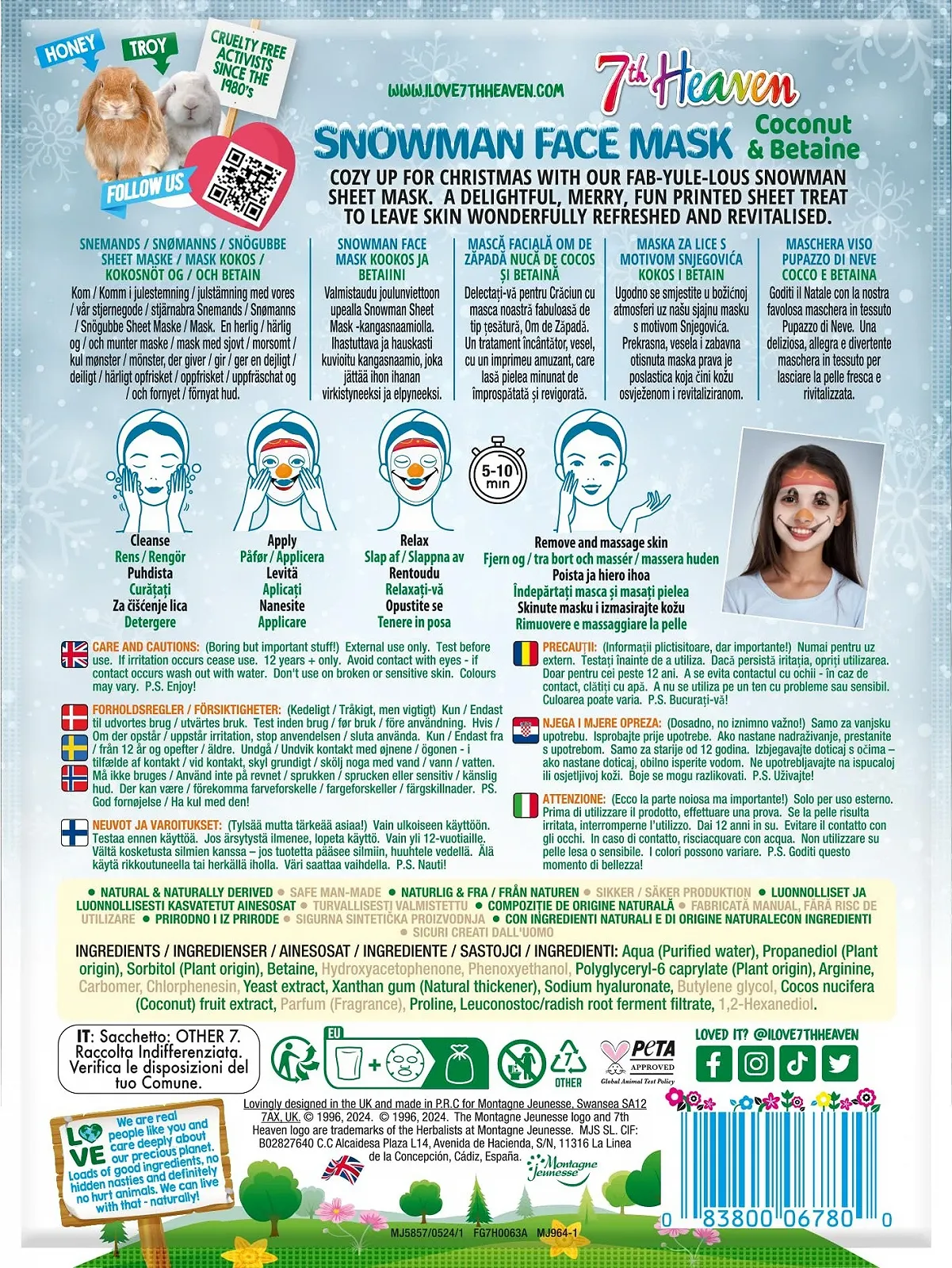 Тканинна маска для обличчя 7th Heaven Snowman з кокосом та бетаїном - для живлення та освітлення шкіри, фото №2