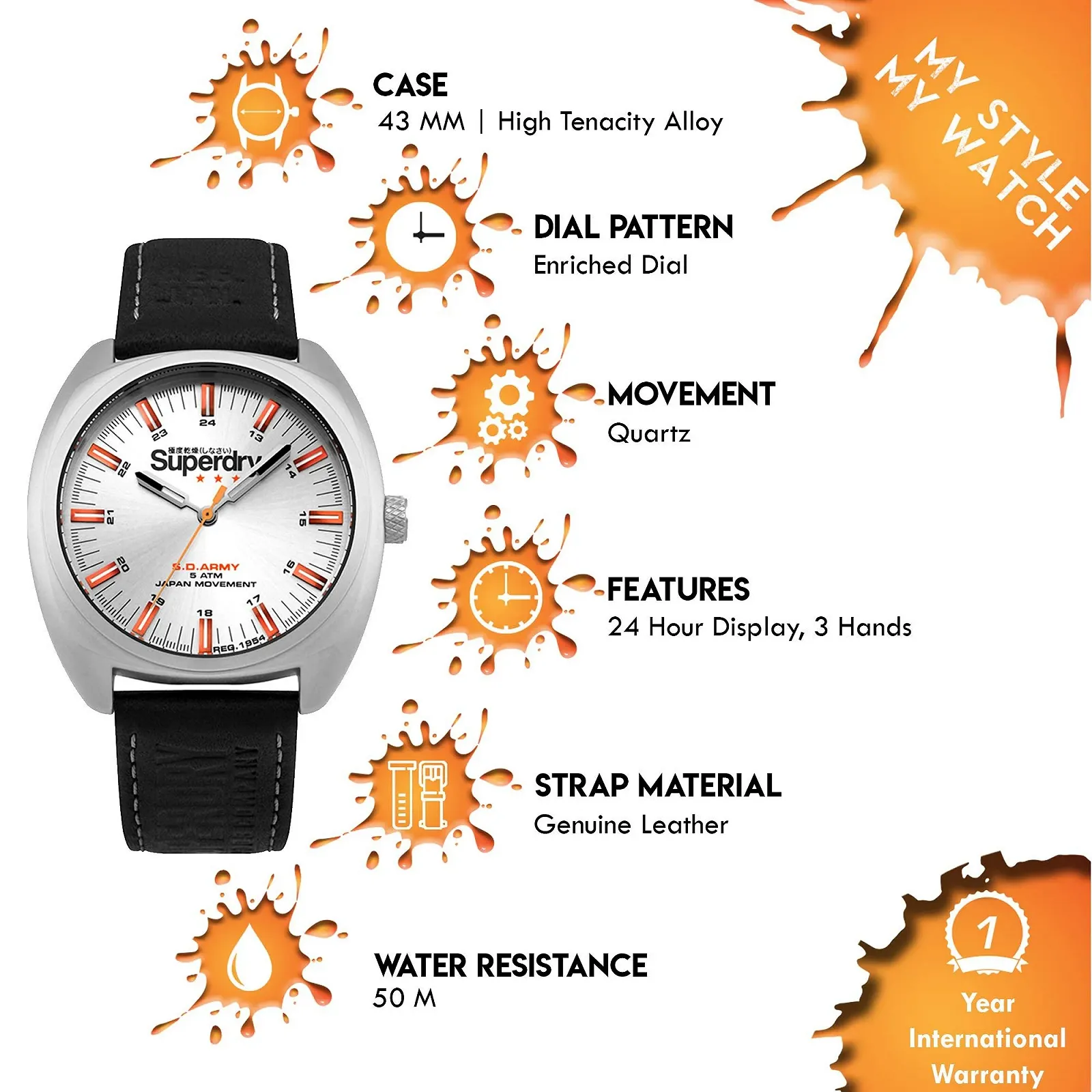 Мужские аналоговые кварцевые часы Superdry SYG228B с кожаным ремешком, фото №4 Мужские аналоговые кварцевые часы Superdry SYG228B с кожаным ремешком, фото №4
