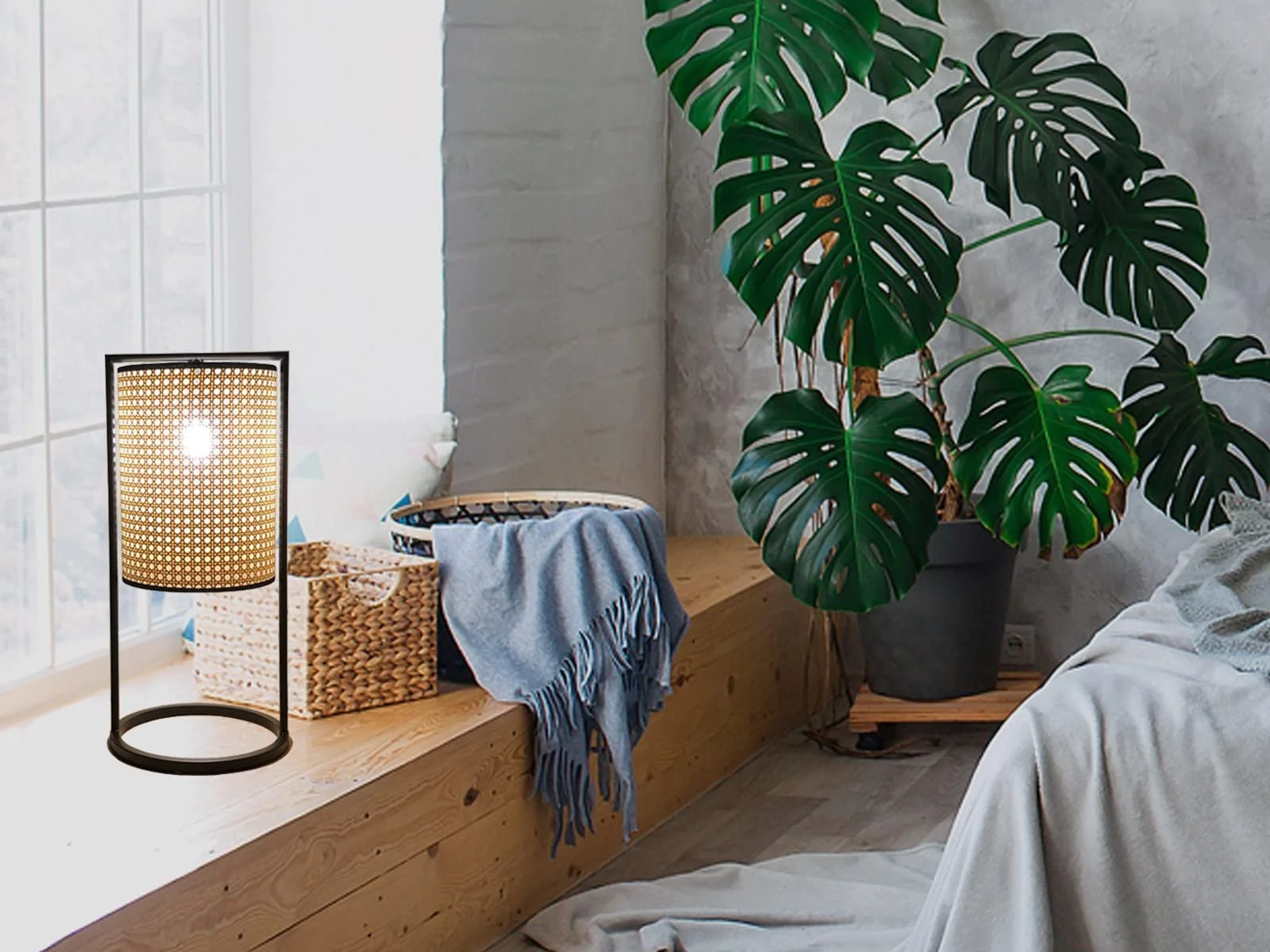 Світлодіодна настільна лампа 56 см з чорною рамою та абажуром під ротанг Чорний, фото №5