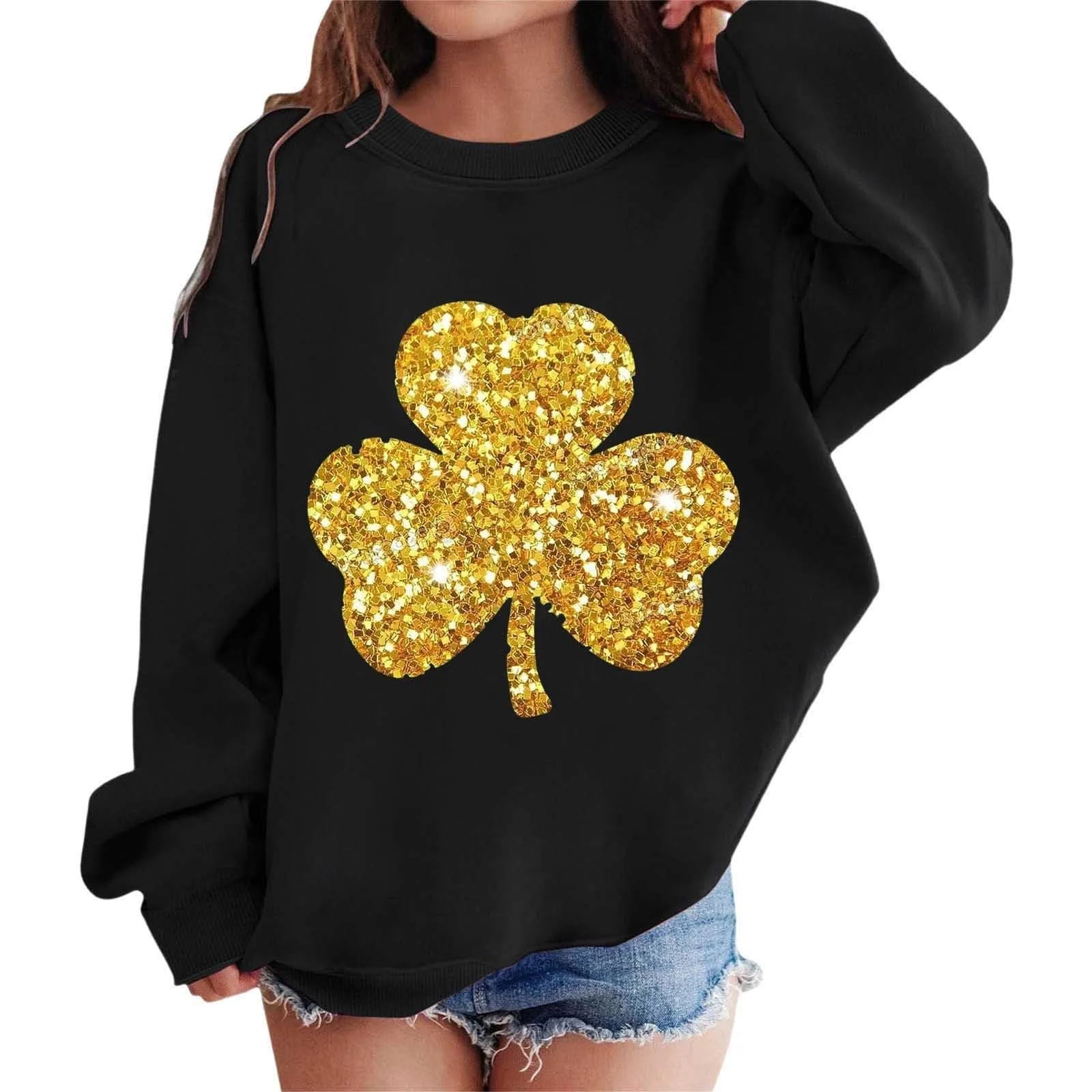 Пуловер для девочки С графическим принтом ко Дню Святого Патрика, круглый вырез, длинные рукава, милый пуловер с приспущенными плечами, фото №1