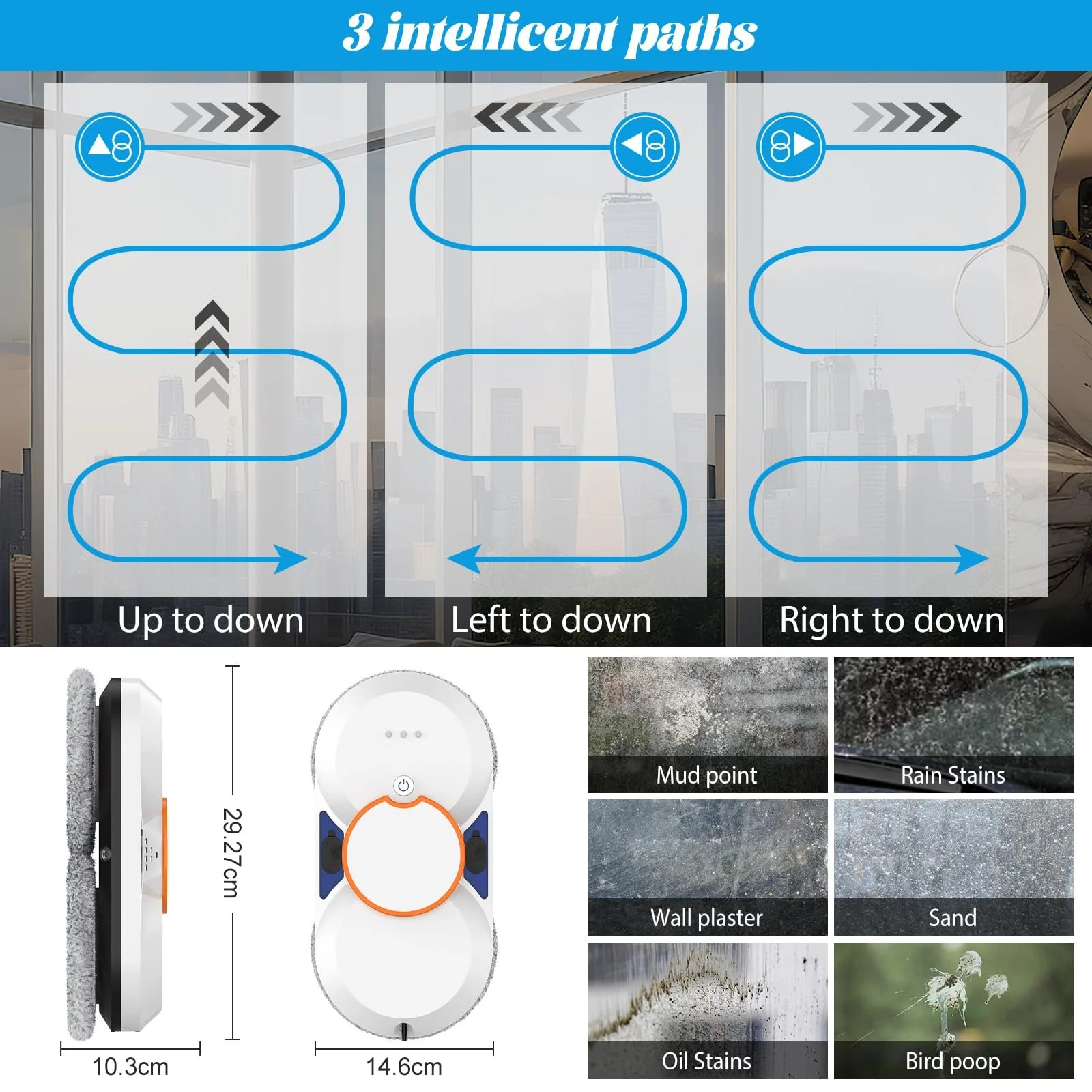 Робот для миття вікон, 5600 Па, інтелектуальна навігація, дистанційне керування, 3 режими очищення, система безпеки та вісім серветок для чищення, фото №6 Робот для миття вікон, 5600 Па, інтелектуальна навігація, дистанційне керування, 3 режими очищення, система безпеки та вісім серветок для чищення, фото №6